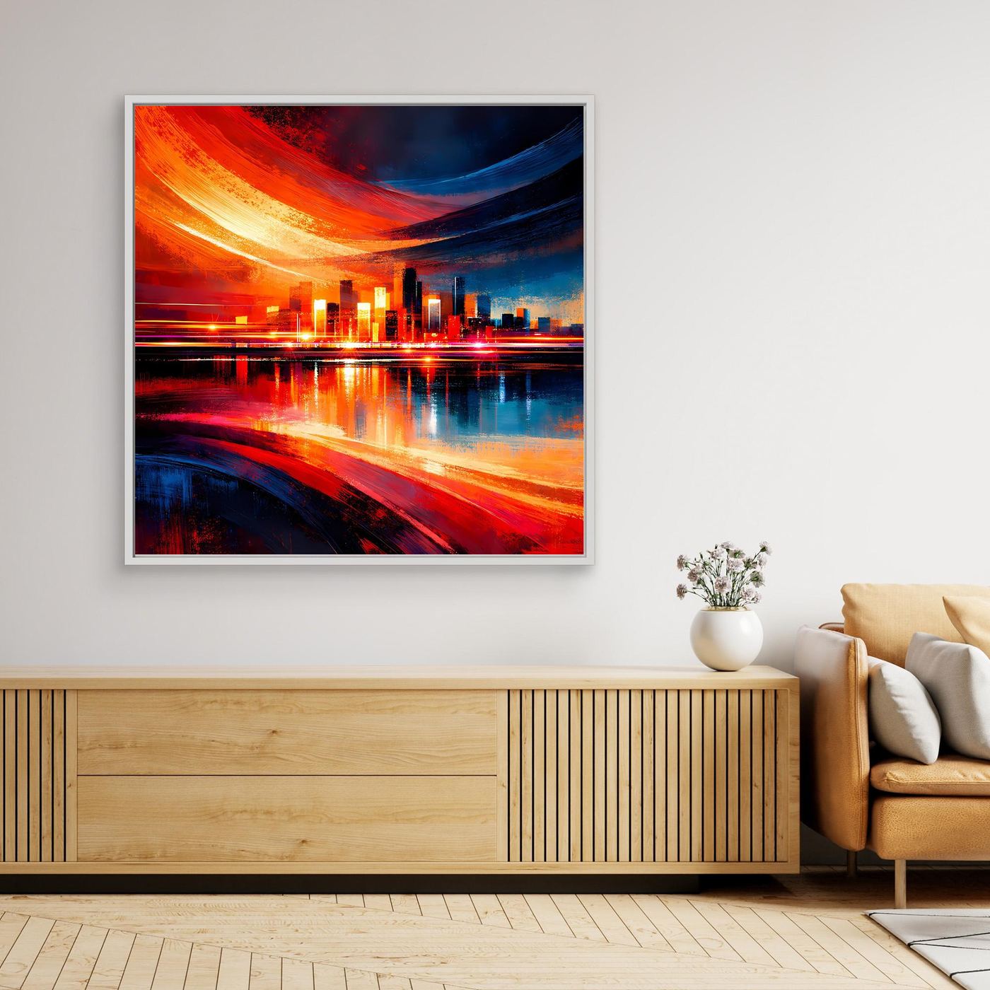 Leinwandbild Skyline im Querformat mit farbigen Lichtspuren, in schwarzem Rahmen