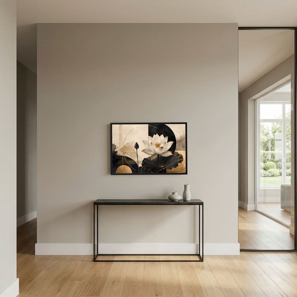 Kleines gerahmtes Lotusblüten-Poster im Querformat, Schwarz-Weiß mit goldenen Rundungen