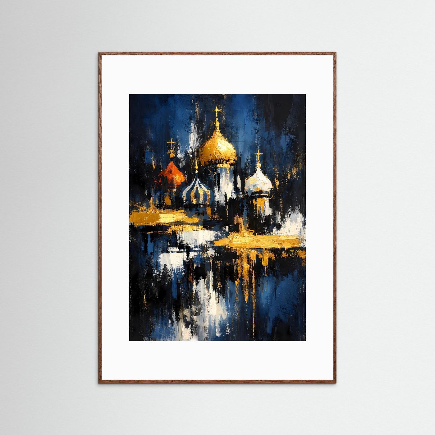 Architektur-Poster mit Kathedrale und goldenen Kuppeln, blaues Nachtbild, brauner Rahmen