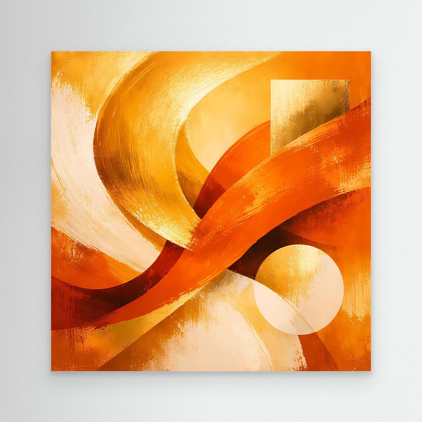 Abstraktes Leinwandbild mit goldenen Wellen und Kreisformen in warmem Orange.