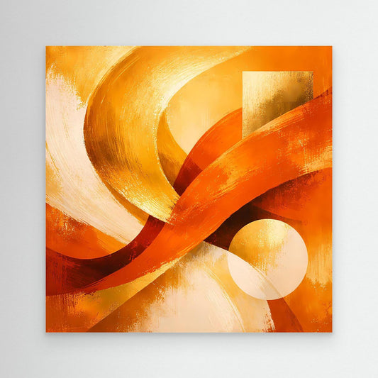 Abstraktes Leinwandbild mit goldenen Wellen und Kreisformen in warmem Orange.
