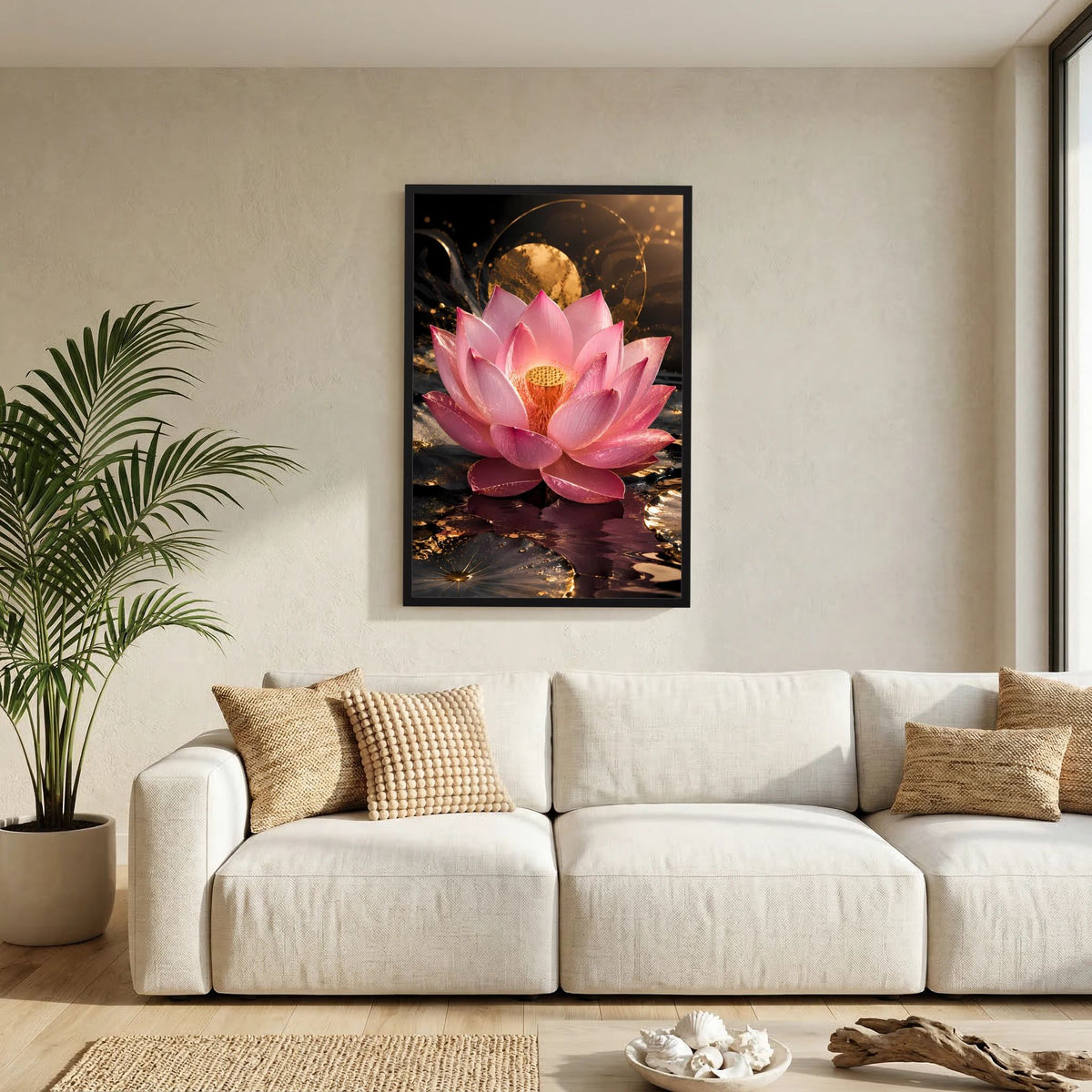 Lotusblüten-Poster, rosa Blüte mit goldener Mitte, im schwarzen Rahmen an der Wand