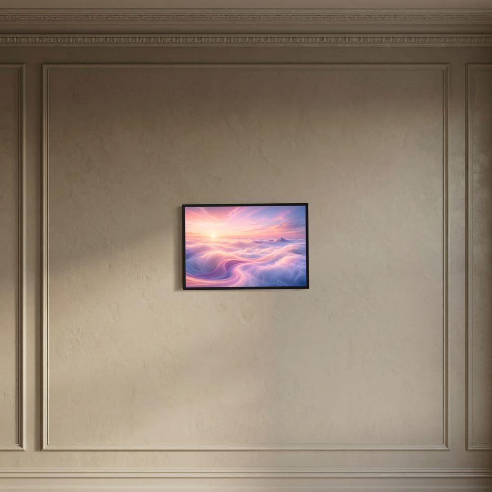 Kleines gerahmtes Querformat-Poster mit schwarzem Rahmen und Sonnenaufgang über farbigen Wolken