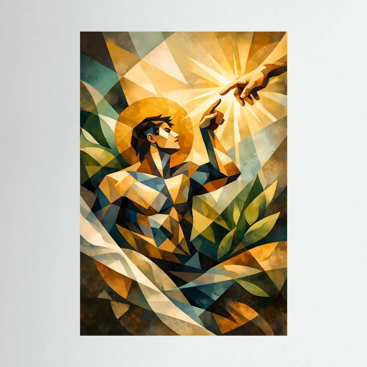 Hochformatiges Poster mit geometrischer Engel-Figur, goldenen Strahlen und grünen Blättern