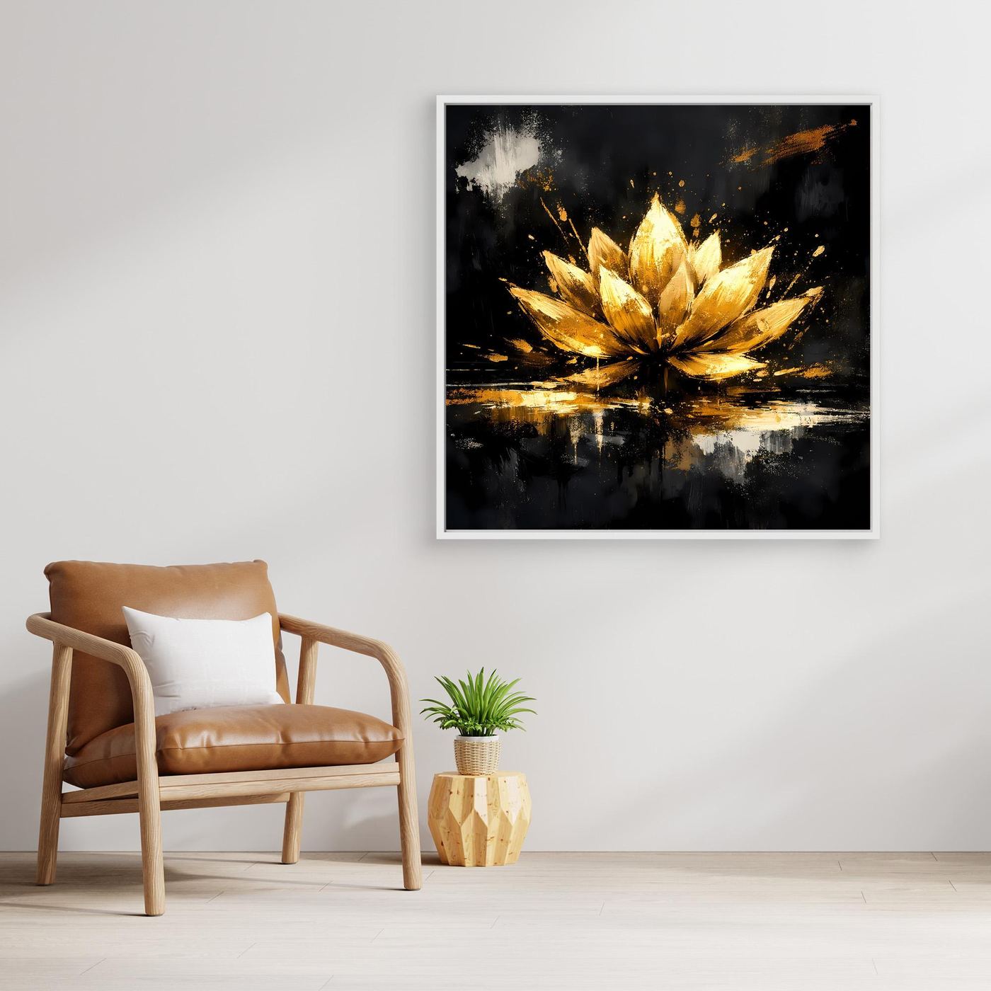 Leinwand Goldene Lotusblüte Abstrakt | Modernes Lotus Wandbild Schwarz Gold