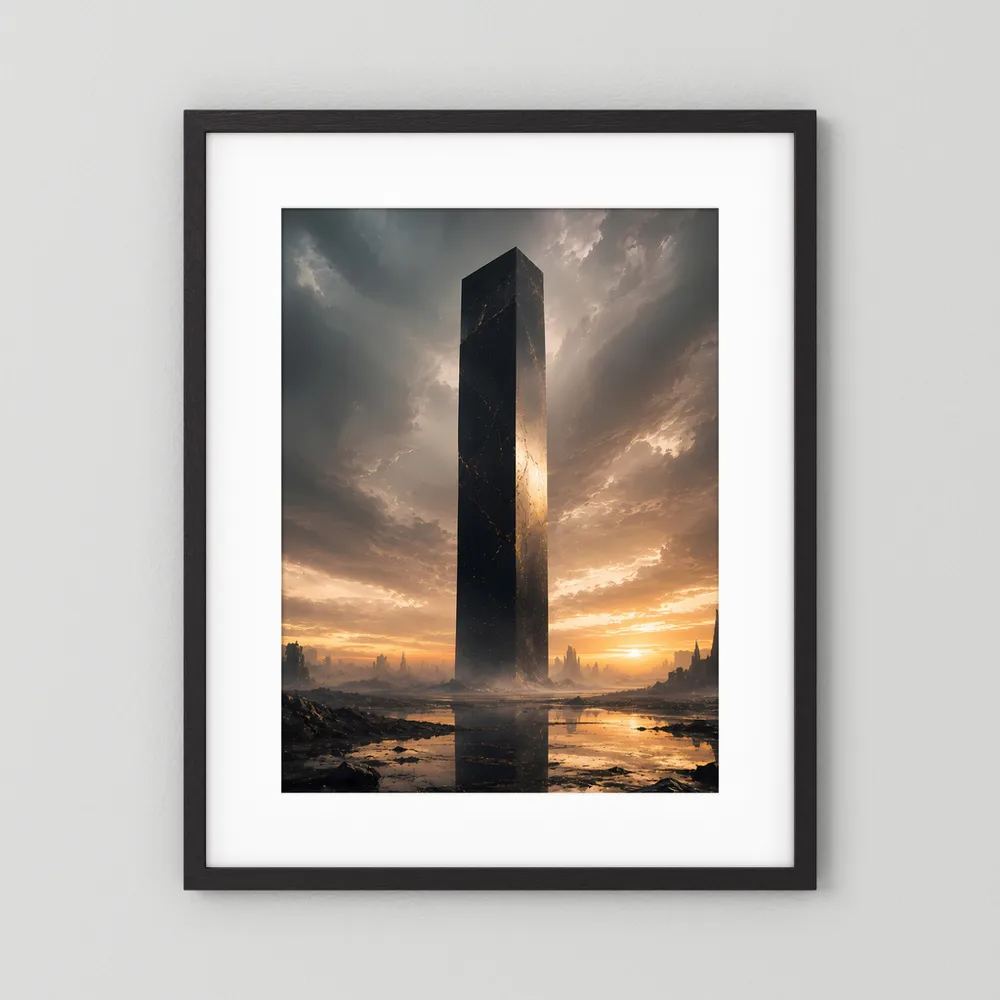 Gerahmtes Poster im Hochformat mit schwarzem Monolithen im schwarzen Rahmen mit weißem Rand