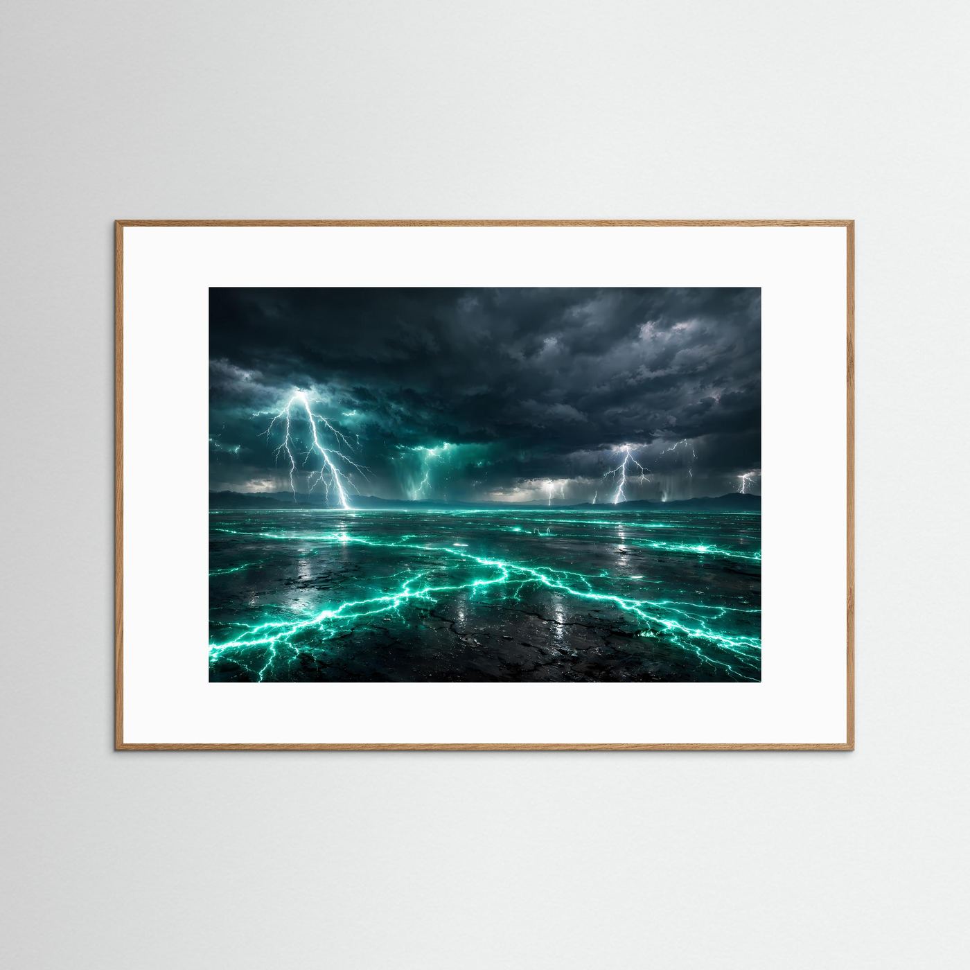 Gewitter-Poster im Querformat mit türkisfarbenen Blitzen über dem Meer, hellbrauner Holzrahmen