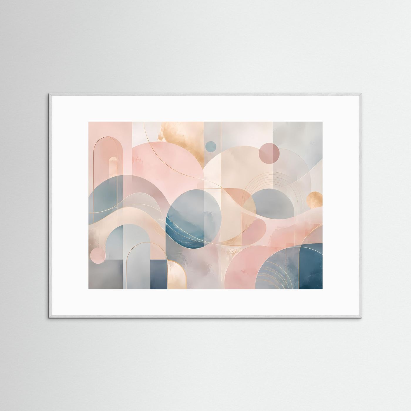 Abstrakte Geometrische Formen in Pastellrosa, Blau & Beige | Moderne Minimalistische Wandkunst mit Bögen, Kreisen und Goldenen Linien | Elegantes Premium Wandbild im Querformat