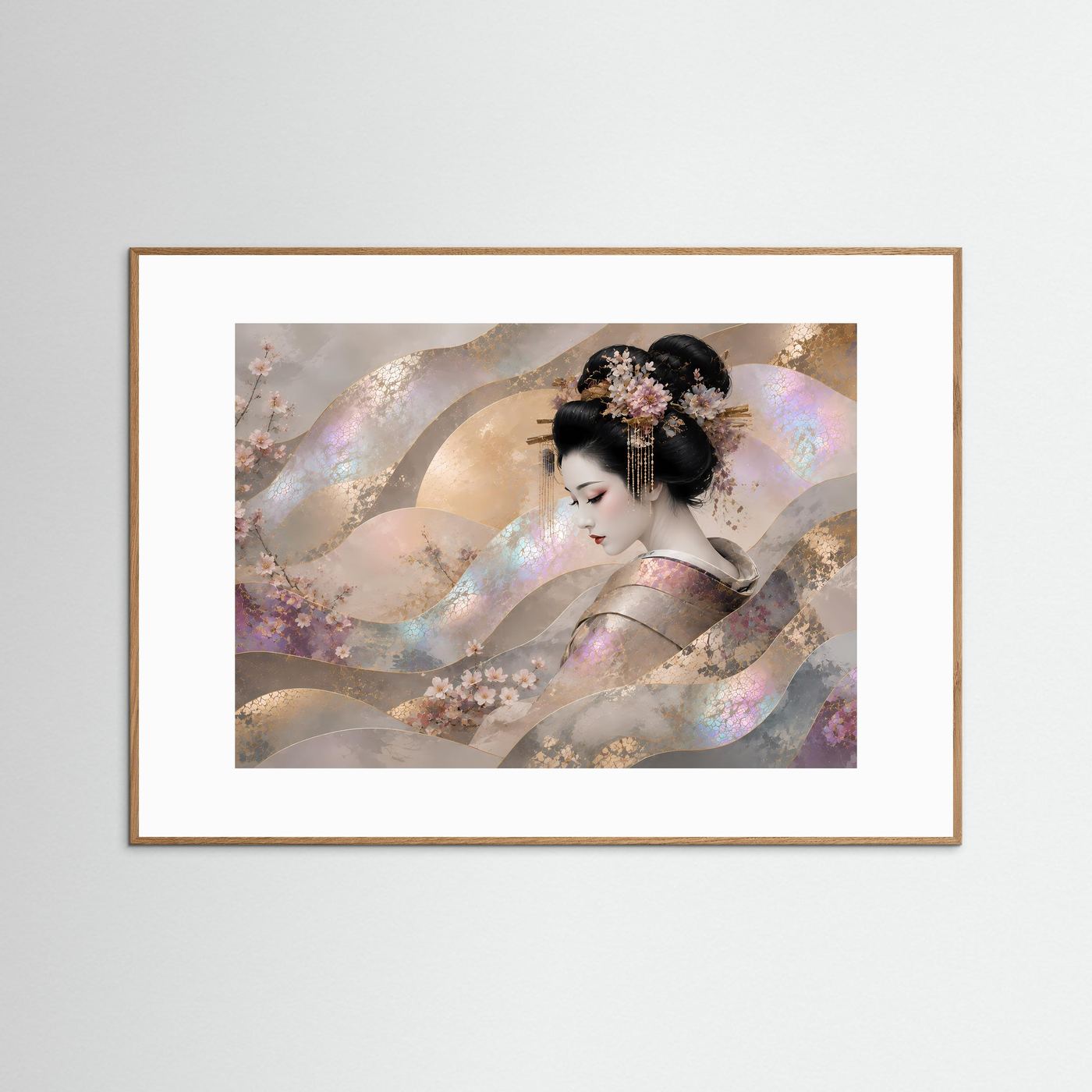 Japanische Wandkunst mit Geisha und Kirschblüten, helle Holzumrandung, weißes Passepartout