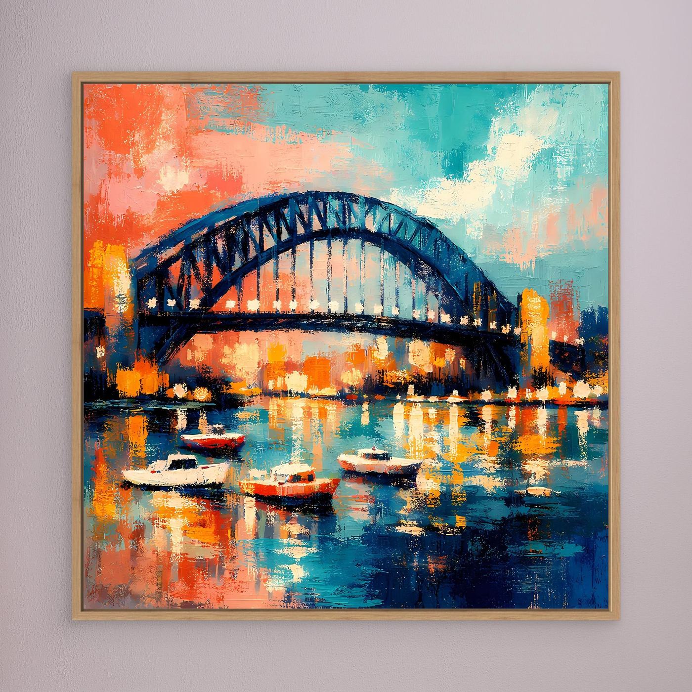Leinwandbild der Sydney Harbour Bridge mit Booten, abstrakt, mit beigem Holzrahmen