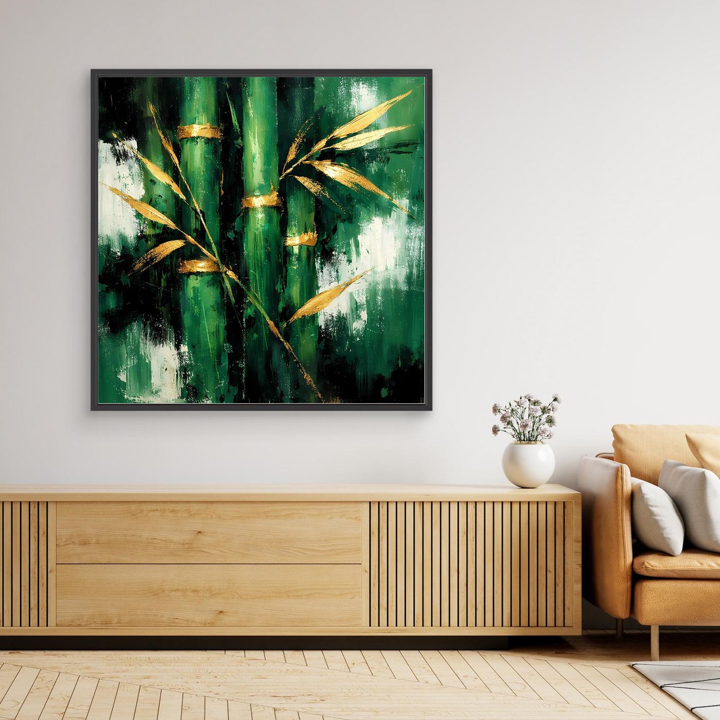 Leinwand Abstraktes Bambus Gemälde in Grün und Gold | Modernes Natur Wandbild