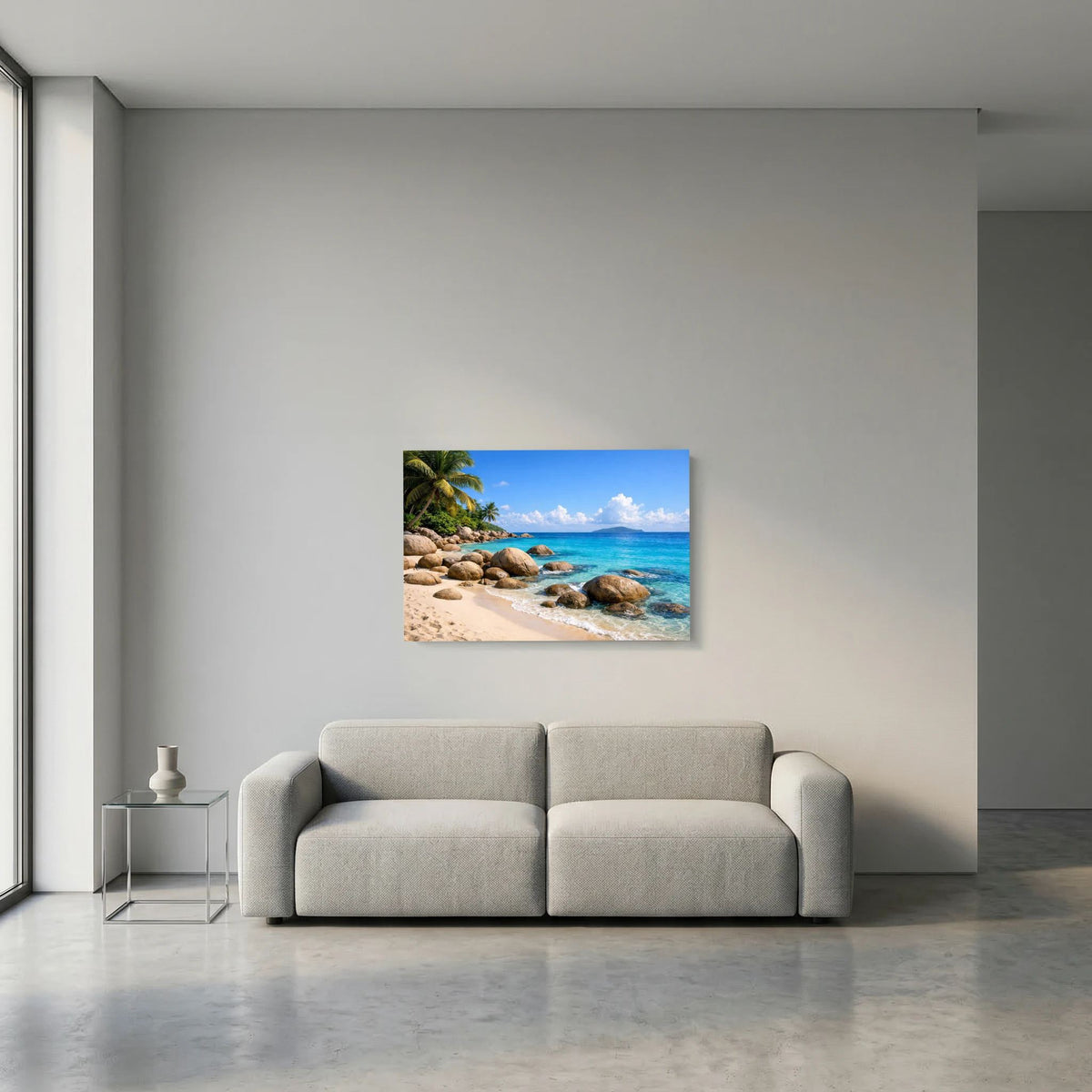 Kleines Poster im Querformat mit Strand, Granitfelsen und Palmen