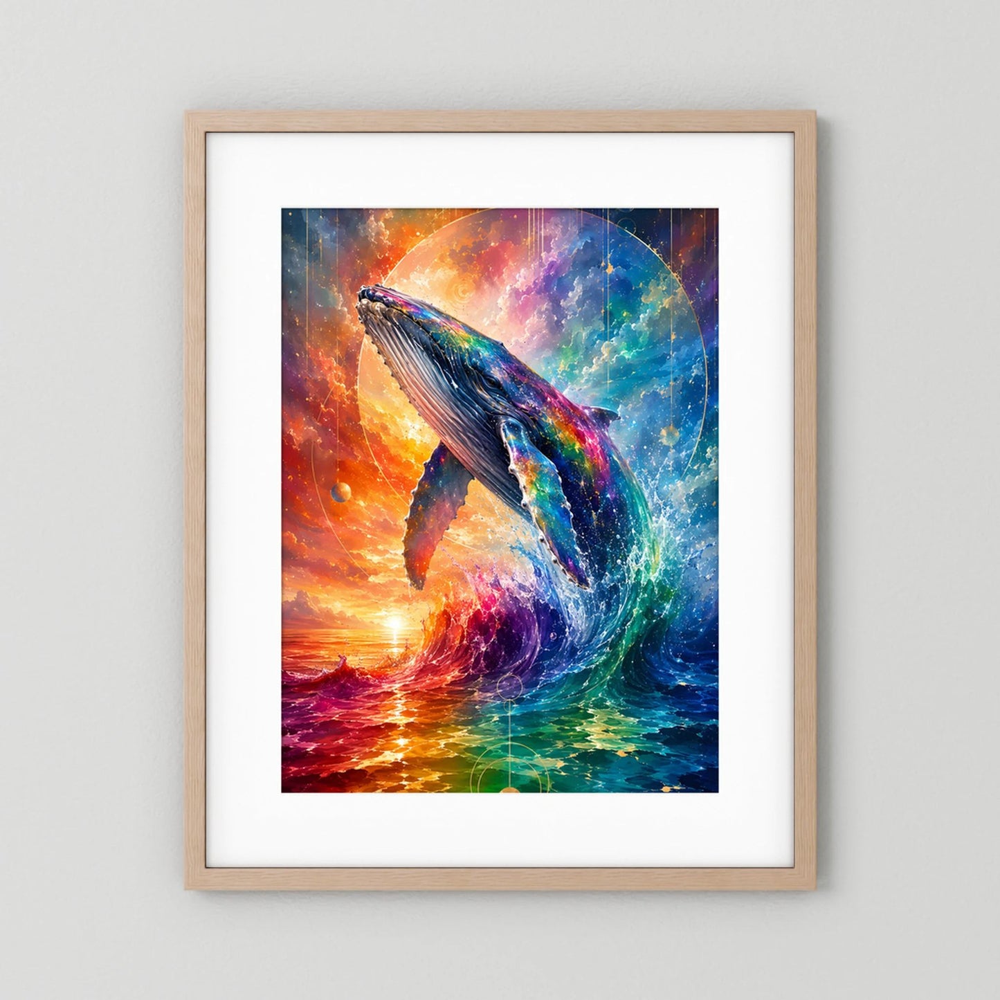 Poster mit Wal und Regenbogenmeer, im hellen Holzrahmen mit weißem Rand