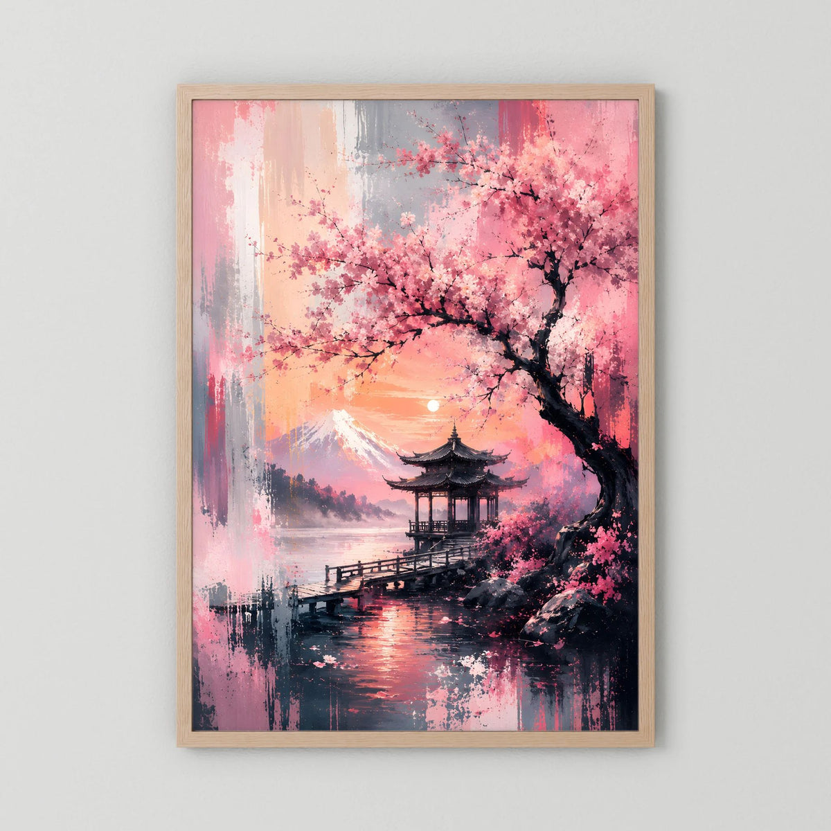 Hochformatiges Japan-Landschaftsposter mit Kirschblüten, Pagode und Wasser, Holzrahmen