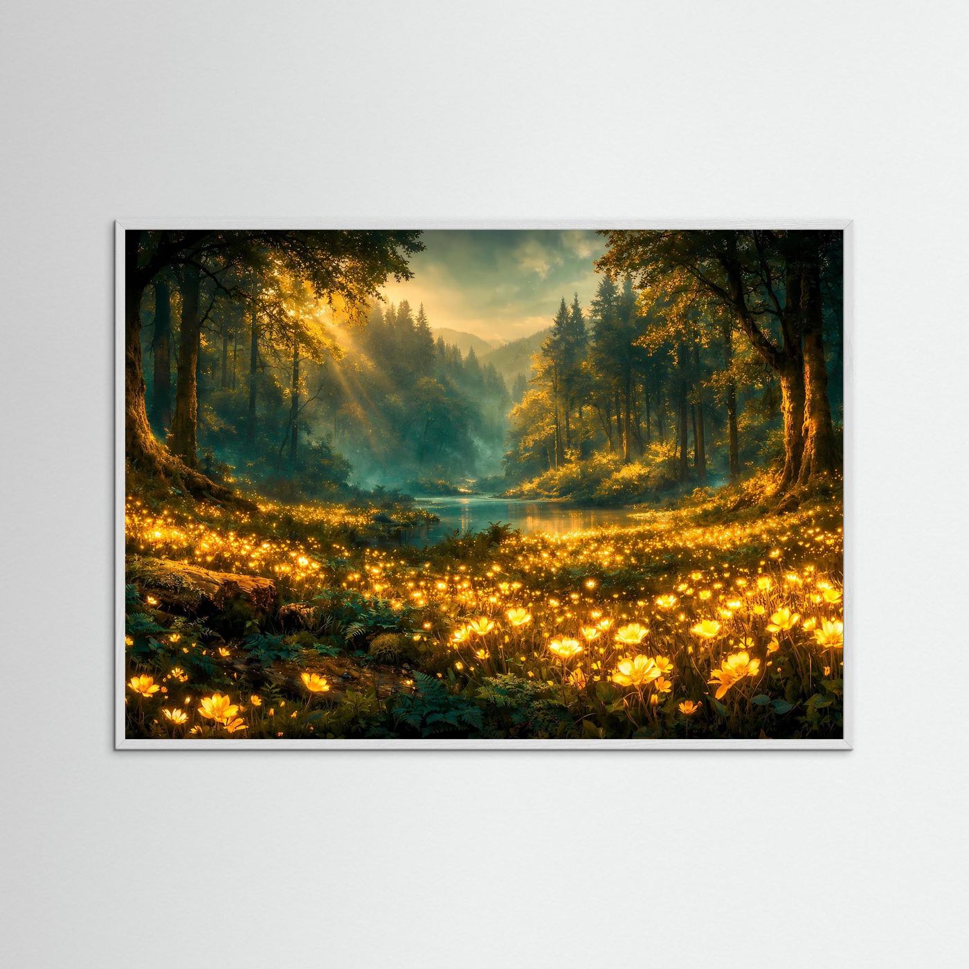 Wandposter mit Waldlandschaft im Morgenlicht, grauer Rahmen mit Rand