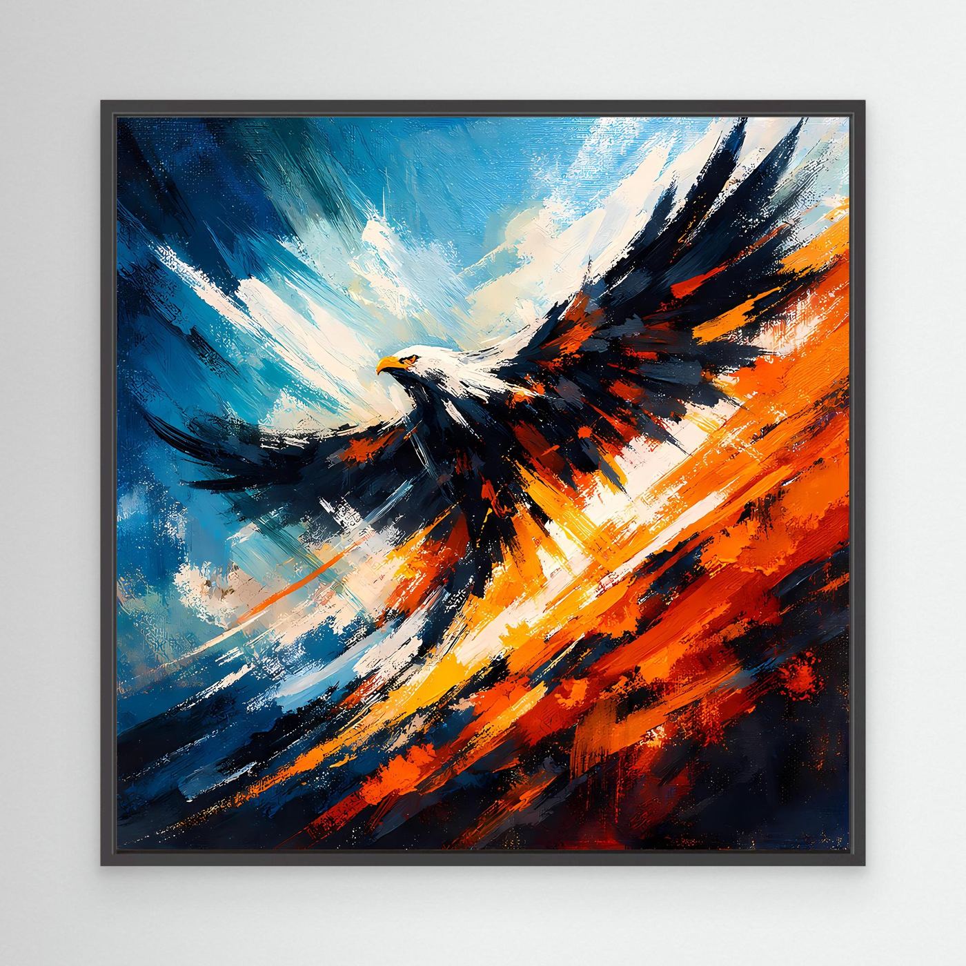 Abstraktes Leinwand-Wandbild mit Adler im Flug, blau-orange Pinselstriche, schwarzer Rahmen