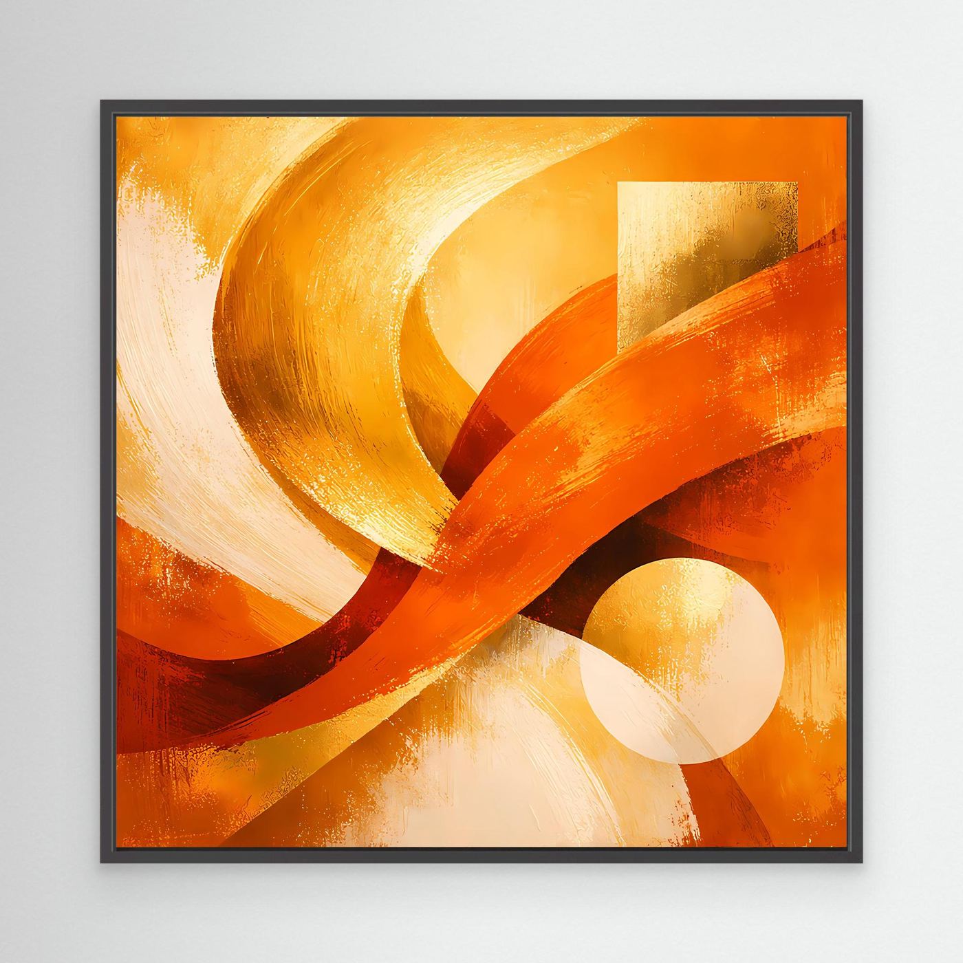 Abstraktes Leinwandbild im schwarzen Rahmen: goldene Wellen und Kreisformen in warmem Orange.