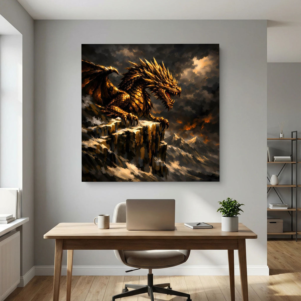 Keilrahmen-Wandbild: goldener Drache auf Felsvorsprung, Rauch- und Wolkenfarben