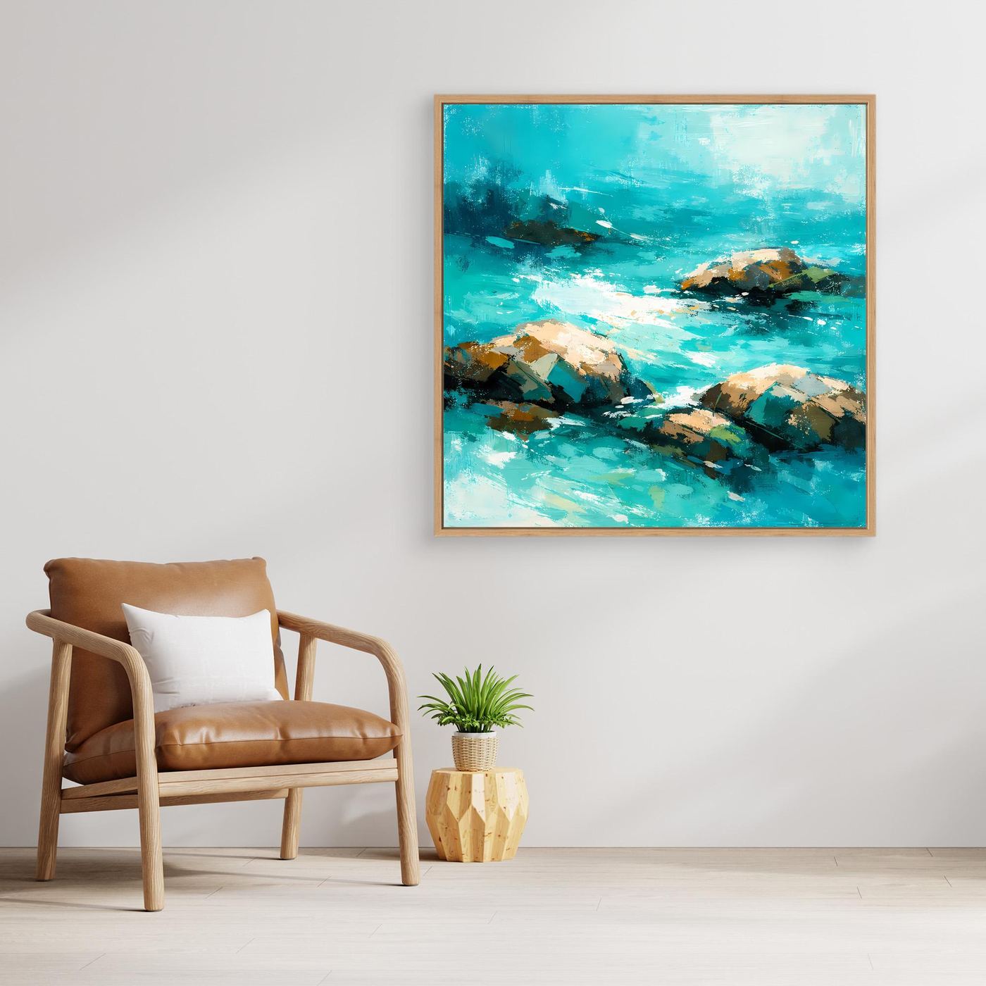 Leinwand Abstrakte Meereslandschaft mit Felsen | Modernes Küsten Wandbild Türkis