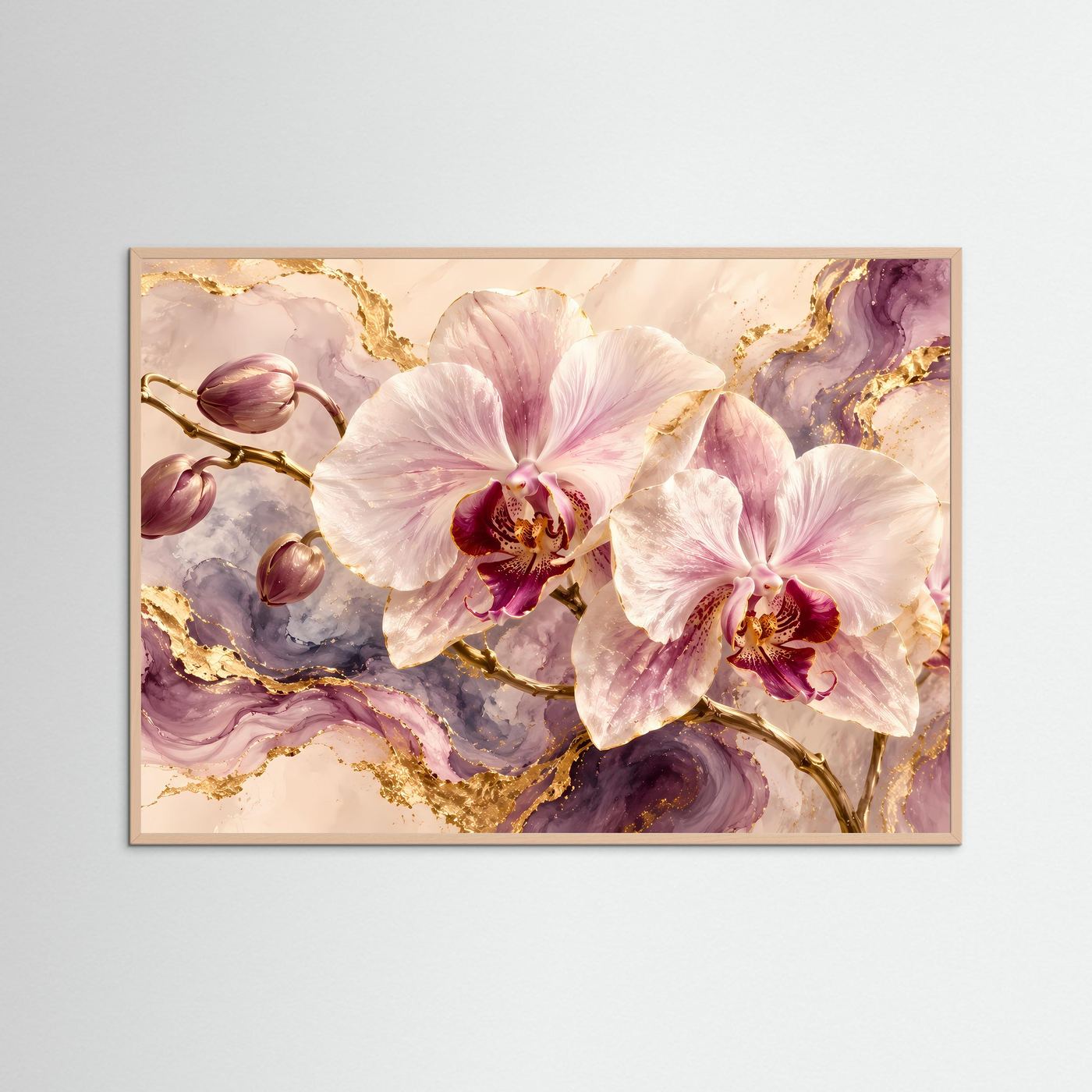Gerahmtes Poster mit rosafarbenen Orchideen und Goldmarmor, Holzrahmen in Braun, quer