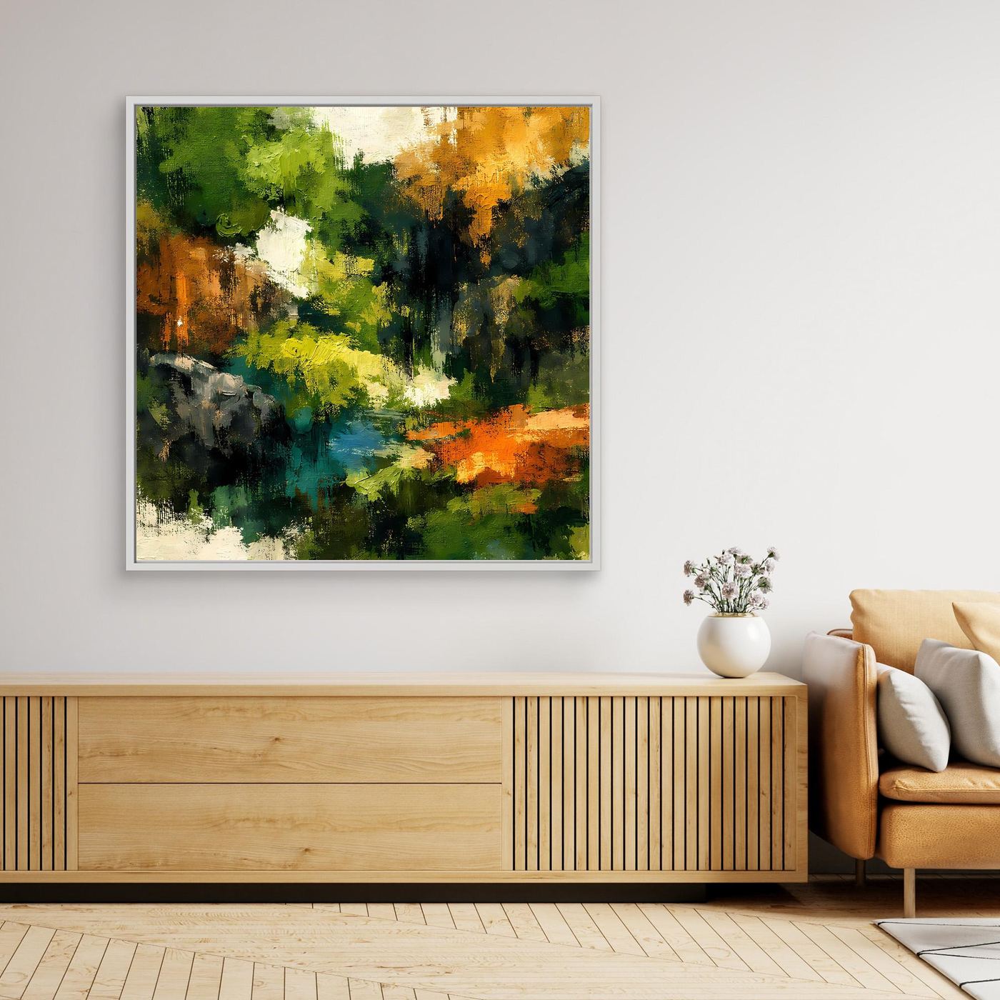 Wandbild mit abstrakter Waldlandschaft, farbenfrohes Motiv, weißer Rahmen