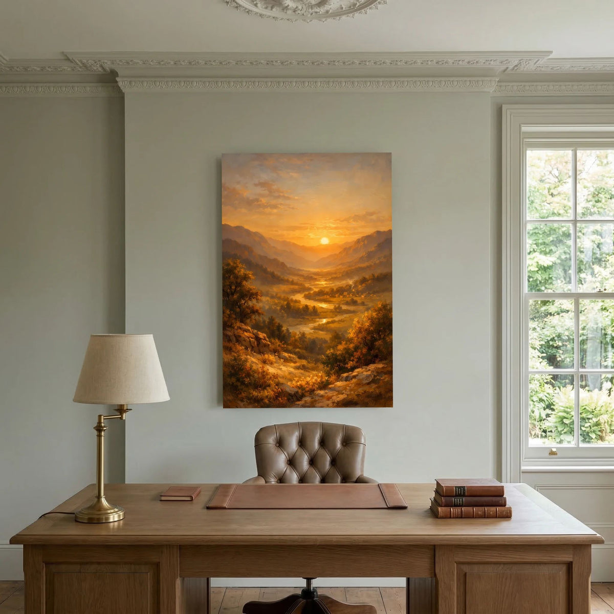 Hochformatiges Wandbild: goldener Sonnenuntergang im Flusstal zwischen Bergen