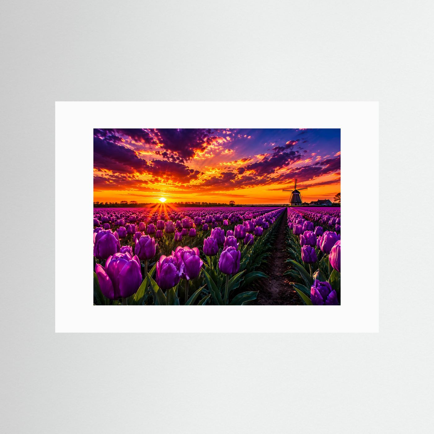 Lila Tulpenfeld Holland Poster Querformat | Windmühle & Sonnenuntergang