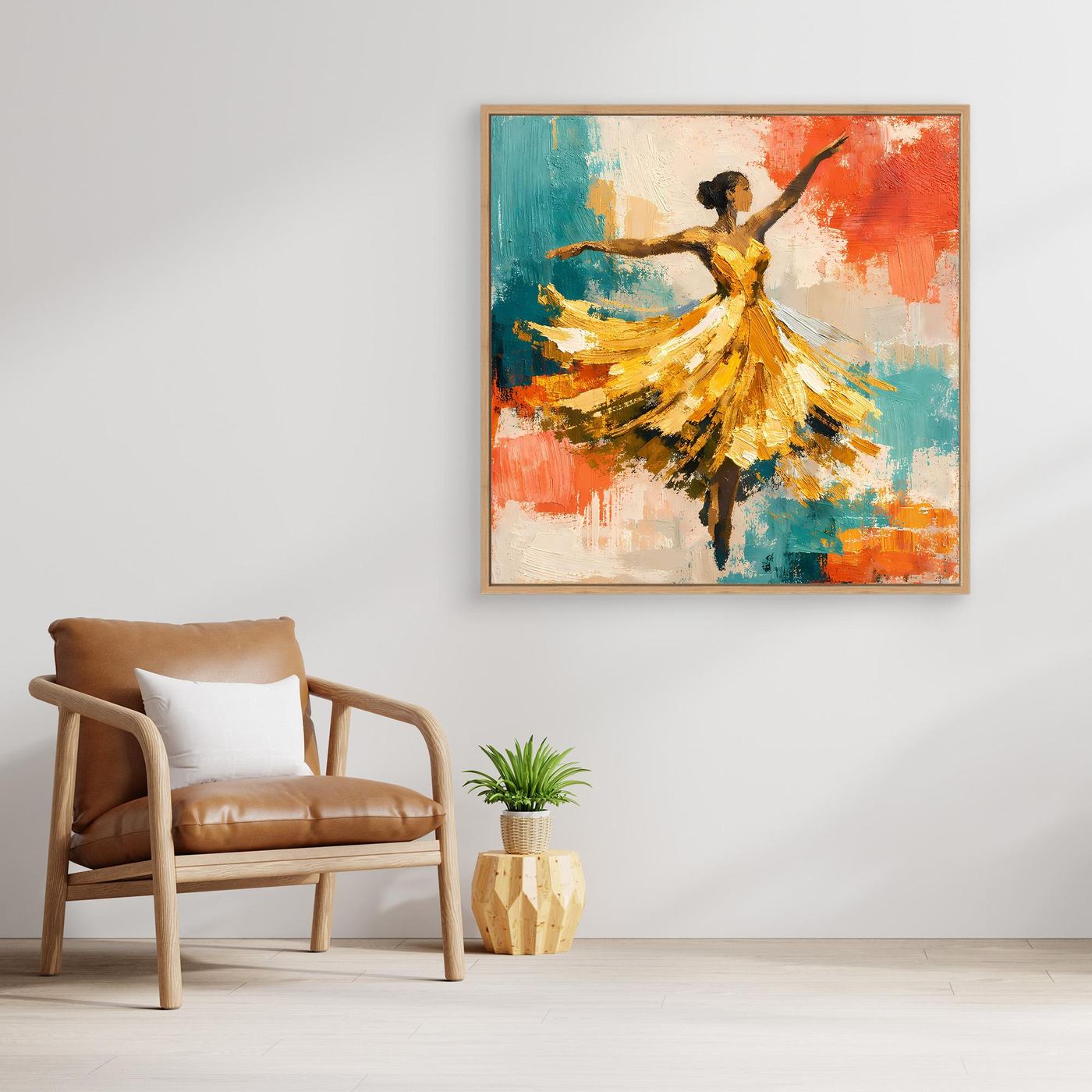 Leinwand-Wandbild mit abstrakter Tänzerin, gelbes Kleid und türkis-rote Farbverläufe