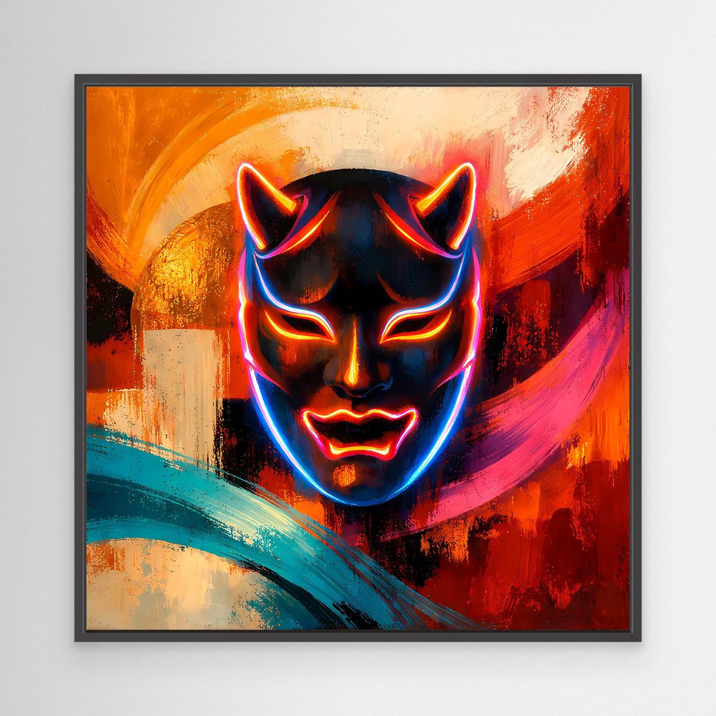 Leinwandbild mit Neon-Oni-Maske, blau-rot leuchtend, Cyberpunk-Grafikbild, schwarzer Rahmen