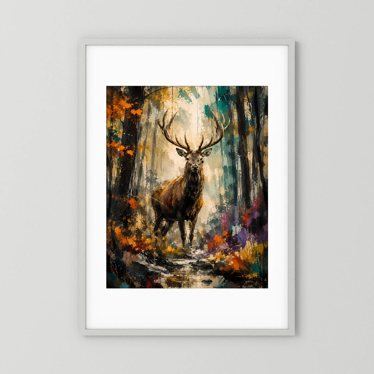 Majestätischer Hirsch | Abstrakte Waldkunst in Gold und Türkis | Poster Hochformat