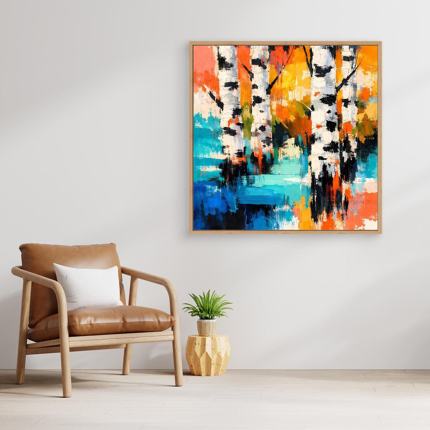 Light-framed abstract birch forest canvas art with teal, orange, and black vertical textures.
