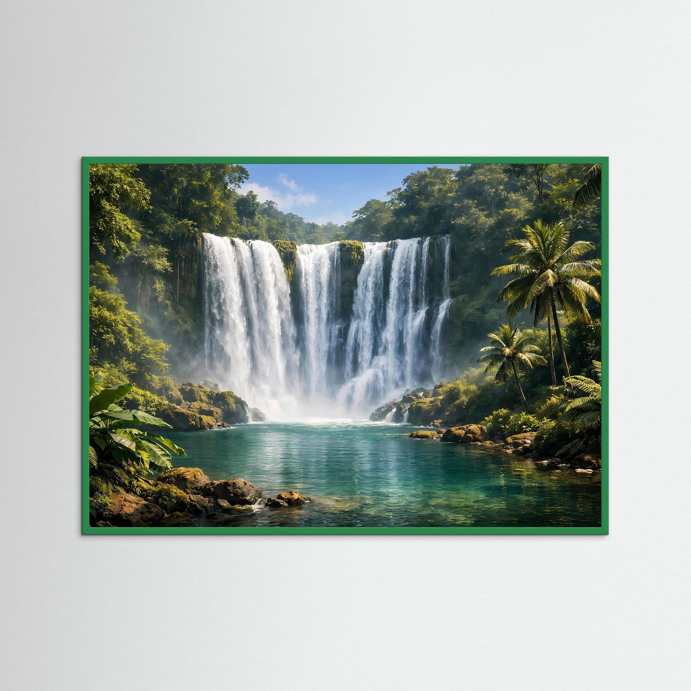 Querformat-Poster mit tropischem Wasserfall, sattem Grün und türkisfarbenem See, grüner Rahmen