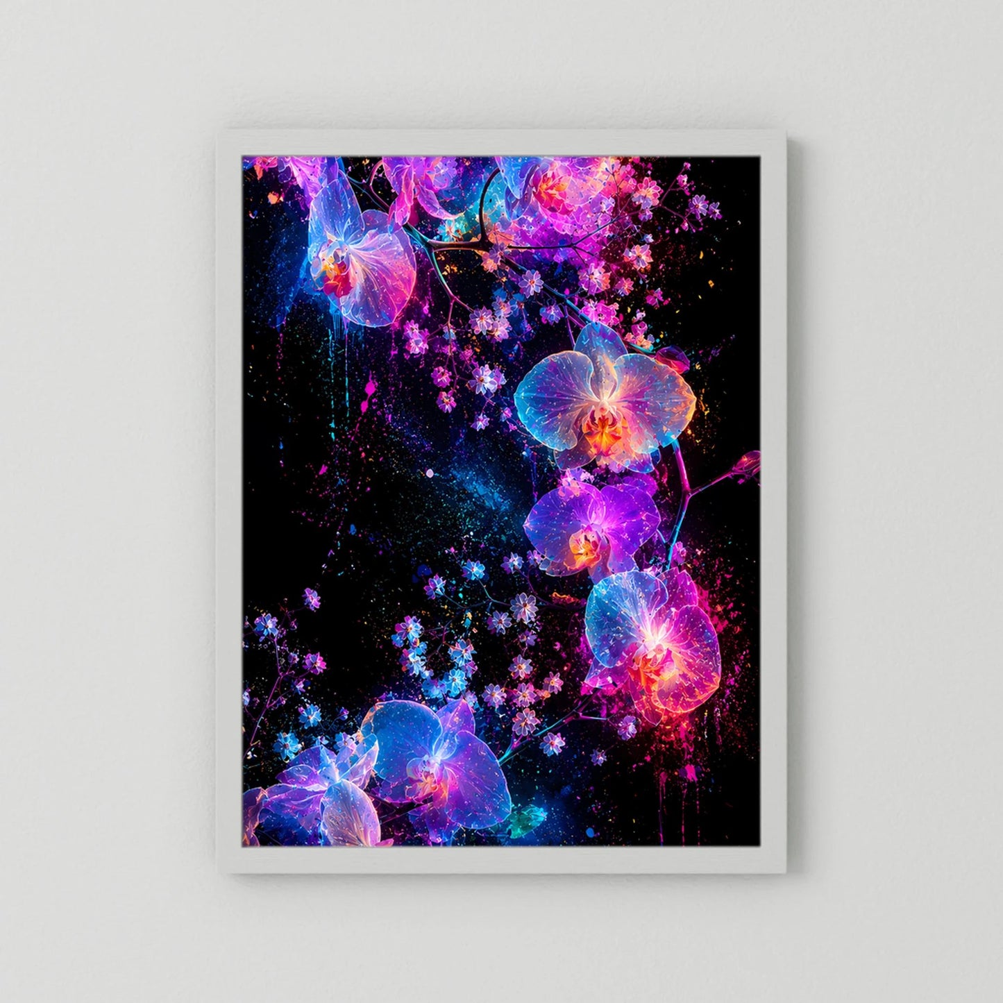 Leuchtendes Orchideen-Kunstposter mit weißem Rahmen, Neonblüten in Blau und Pink