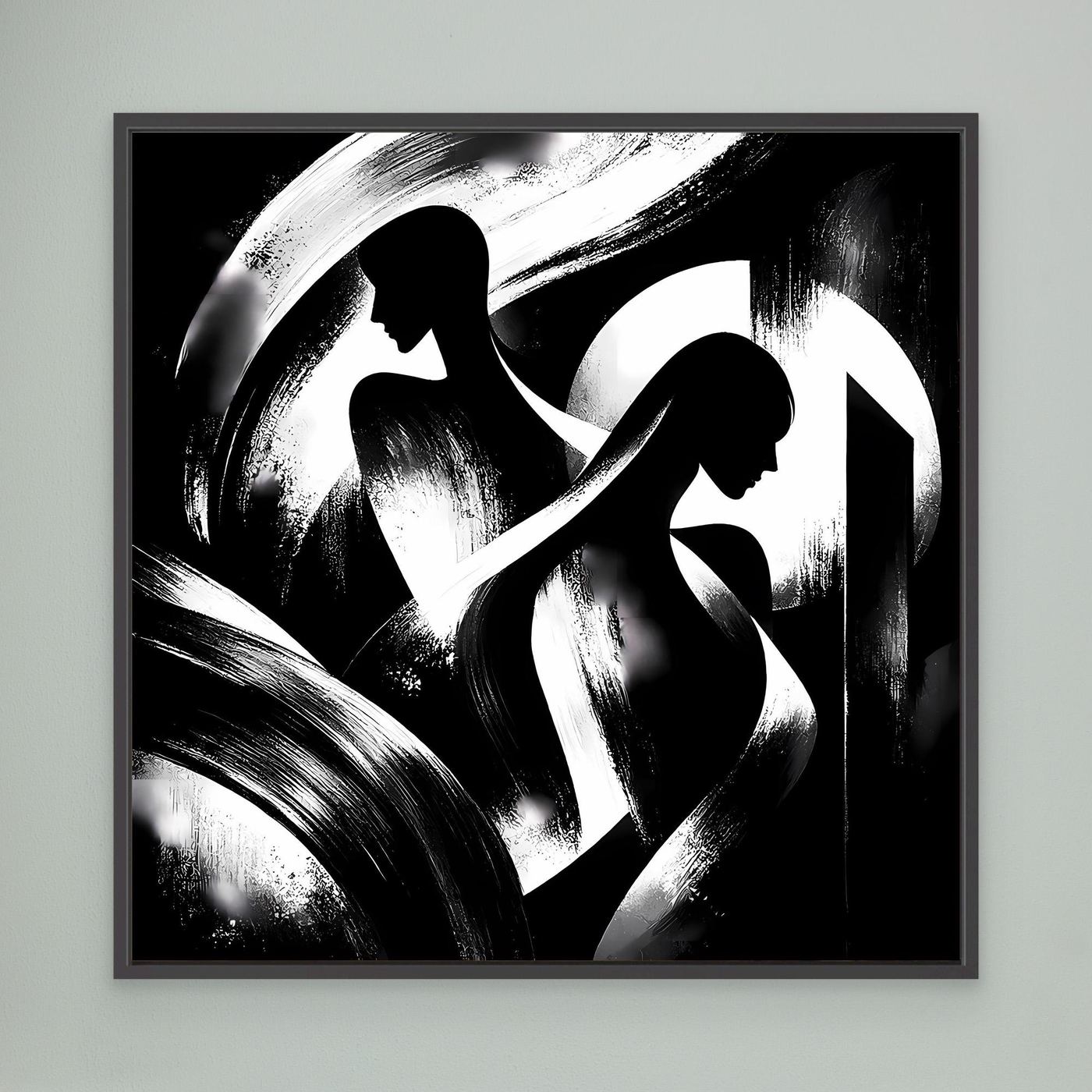 Schwarz-weißes Leinwand-Wandbild mit abstrakten Silhouetten, schwarz gerahmt.