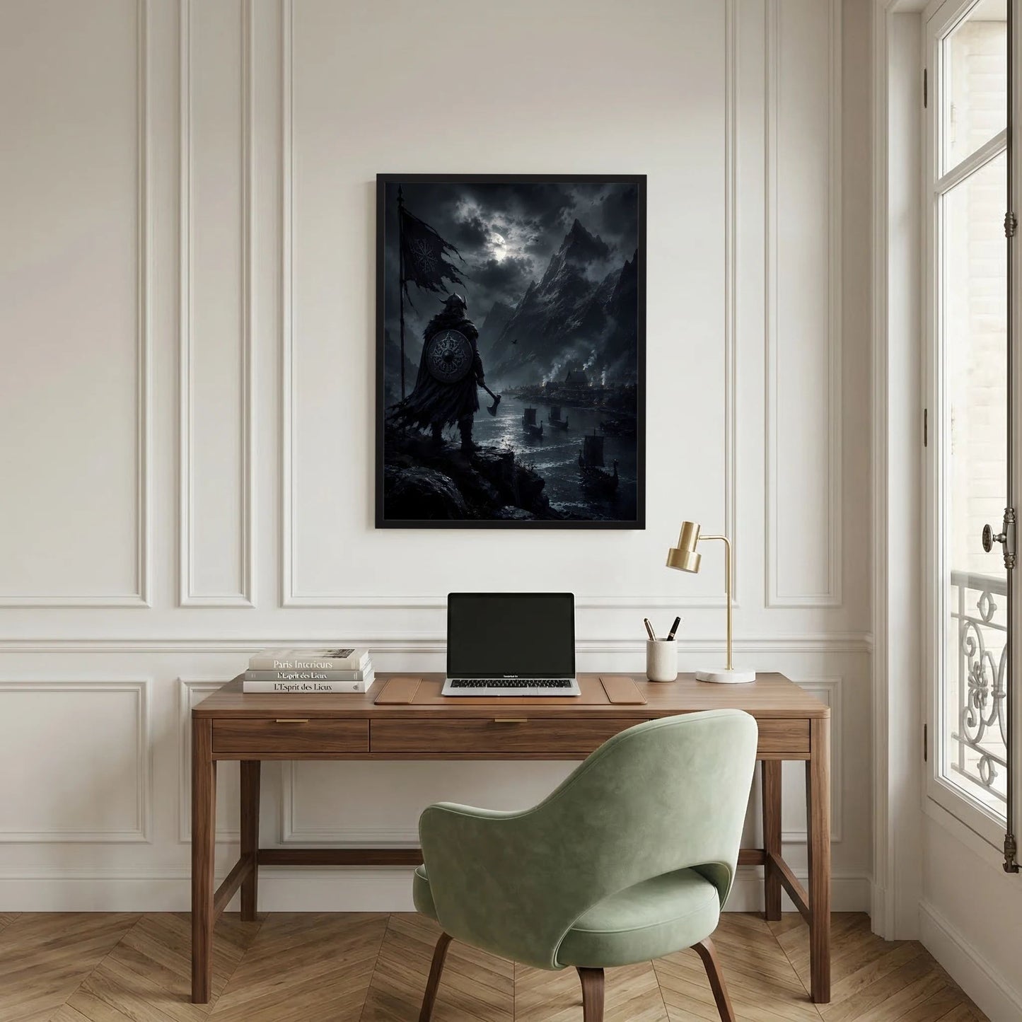 Poster im Hochformat mit Wikinger-Figur bei Nacht, stürmischer Himmel, schwarzer Rahmen