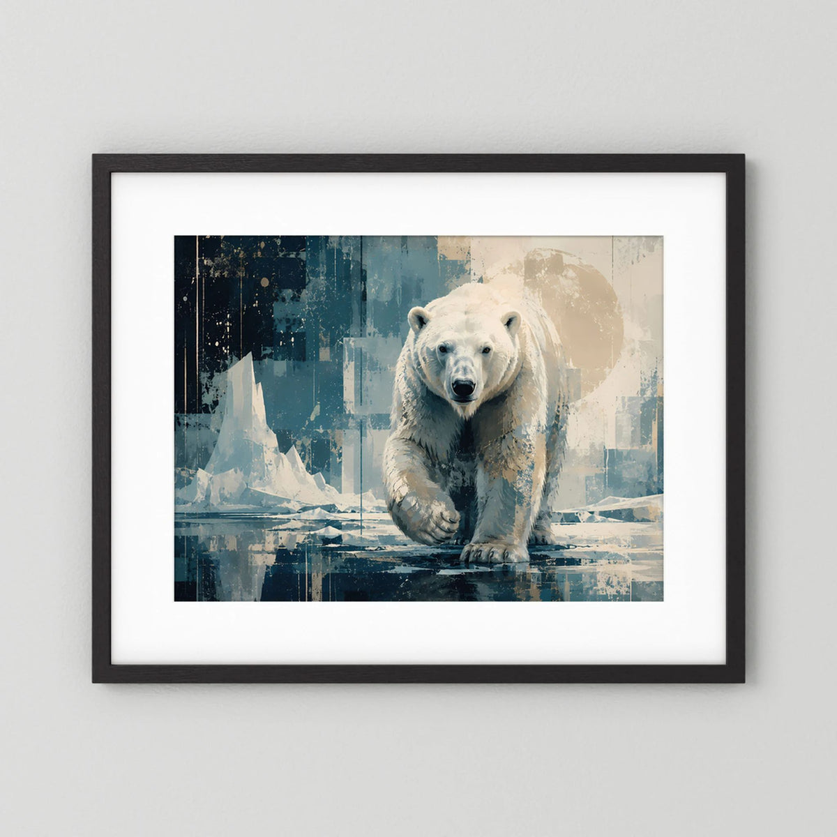 Poster im Querformat mit Eisbär-Motiv, schwarzer Rahmen und weißer Rand