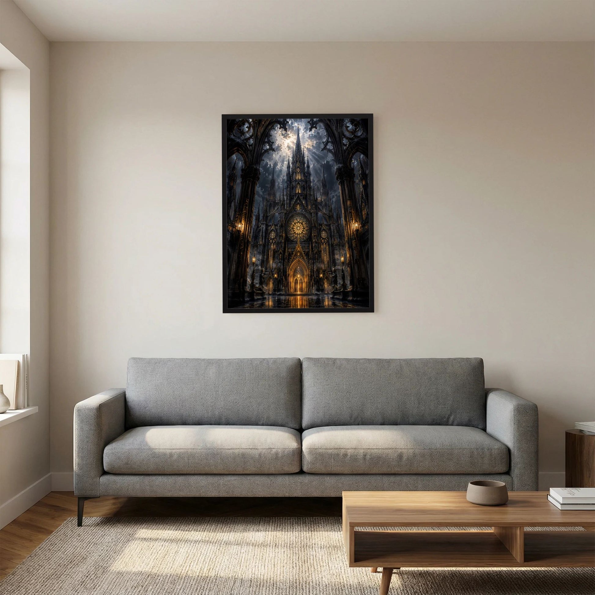 Wandbild im Hochformat: gotische Kathedrale in Schwarz und Gold, schwarzer Rahmen