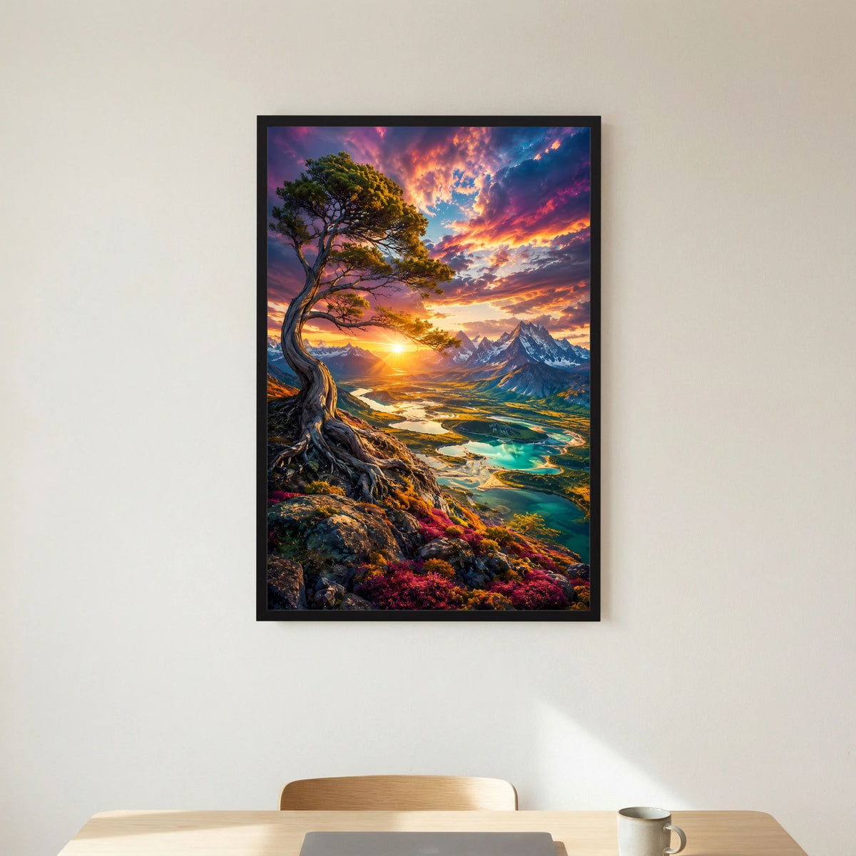 Majestätischer Baum über Bergtal | Leuchtender Sonnenuntergang & türkisfarbene Seen | Poster Hochformat