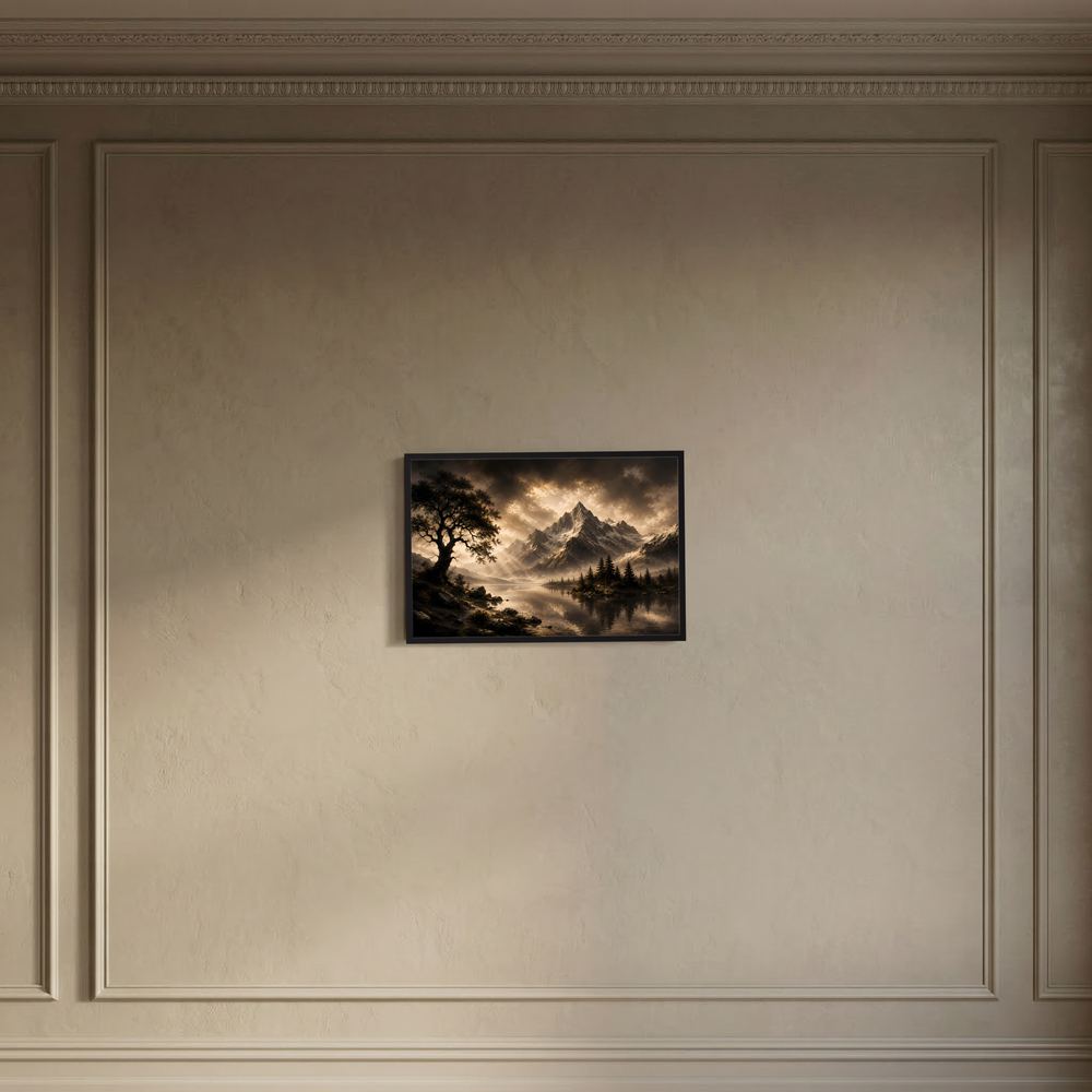 Kleines gerahmtes Poster im Querformat mit Berg- und See-Landschaft in Schwarz und Gold