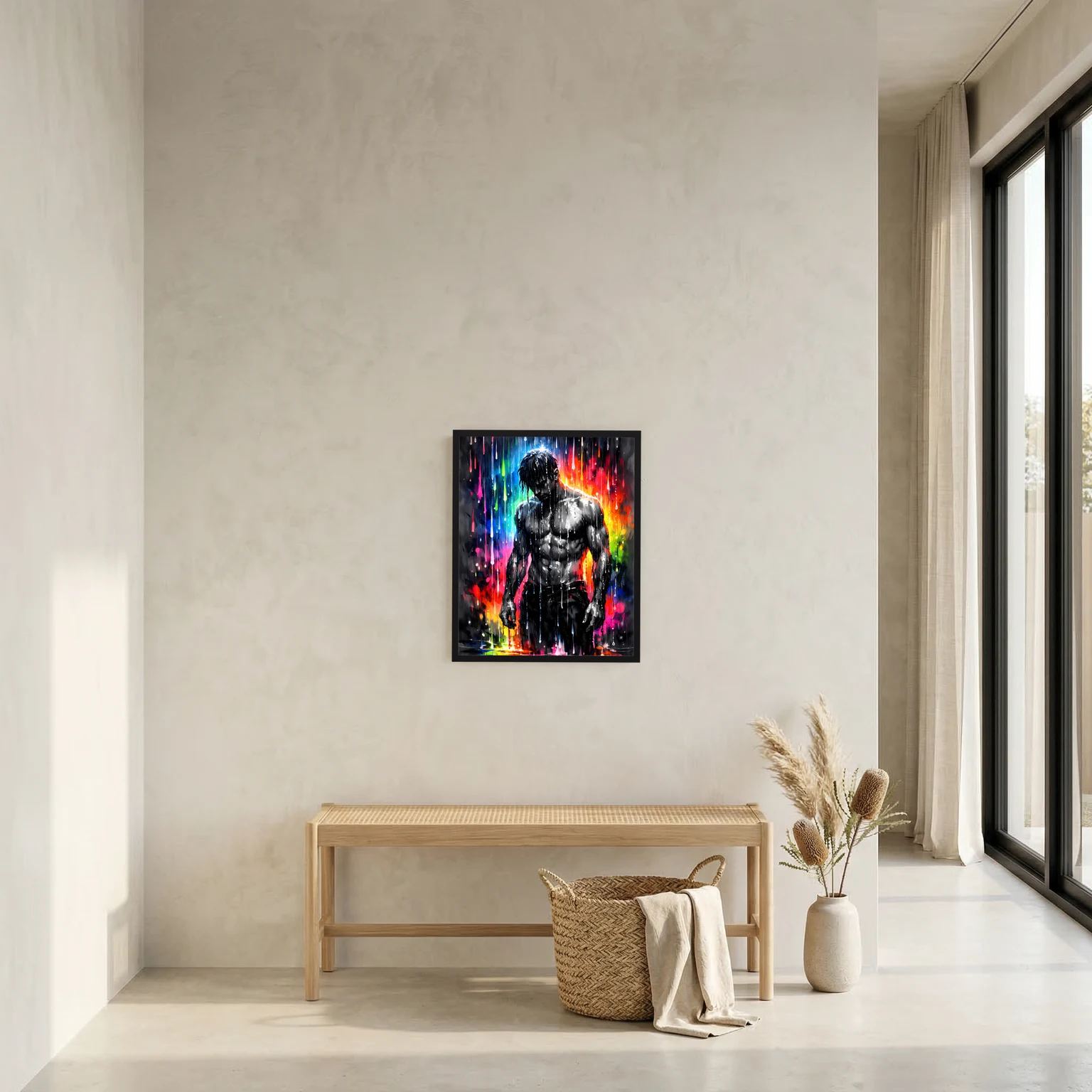 Kleines Wandbild im schwarzen Rahmen: muskulöser Männerkörper in Schwarzweiß mit bunten Neon-Spritzern