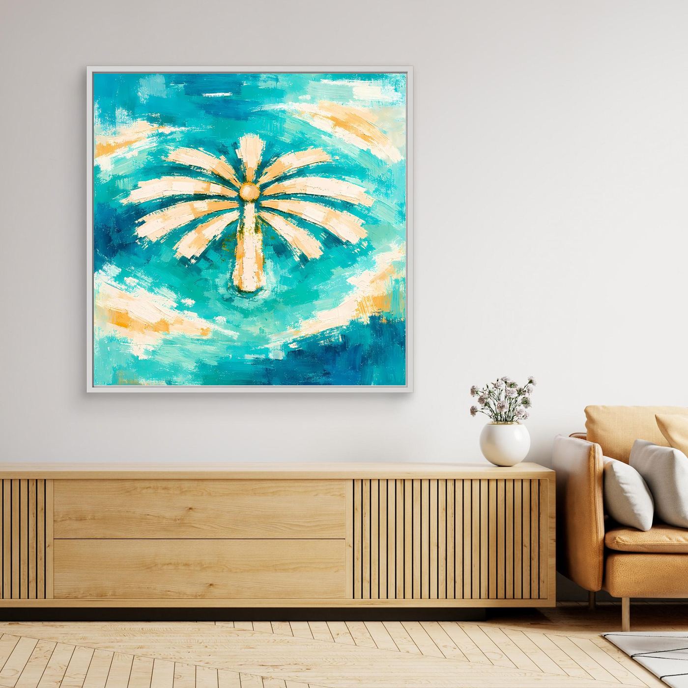 Leinwand Abstrakte Palme im Meer | Modernes Dubai Palmeninsel Wandbild Türkis