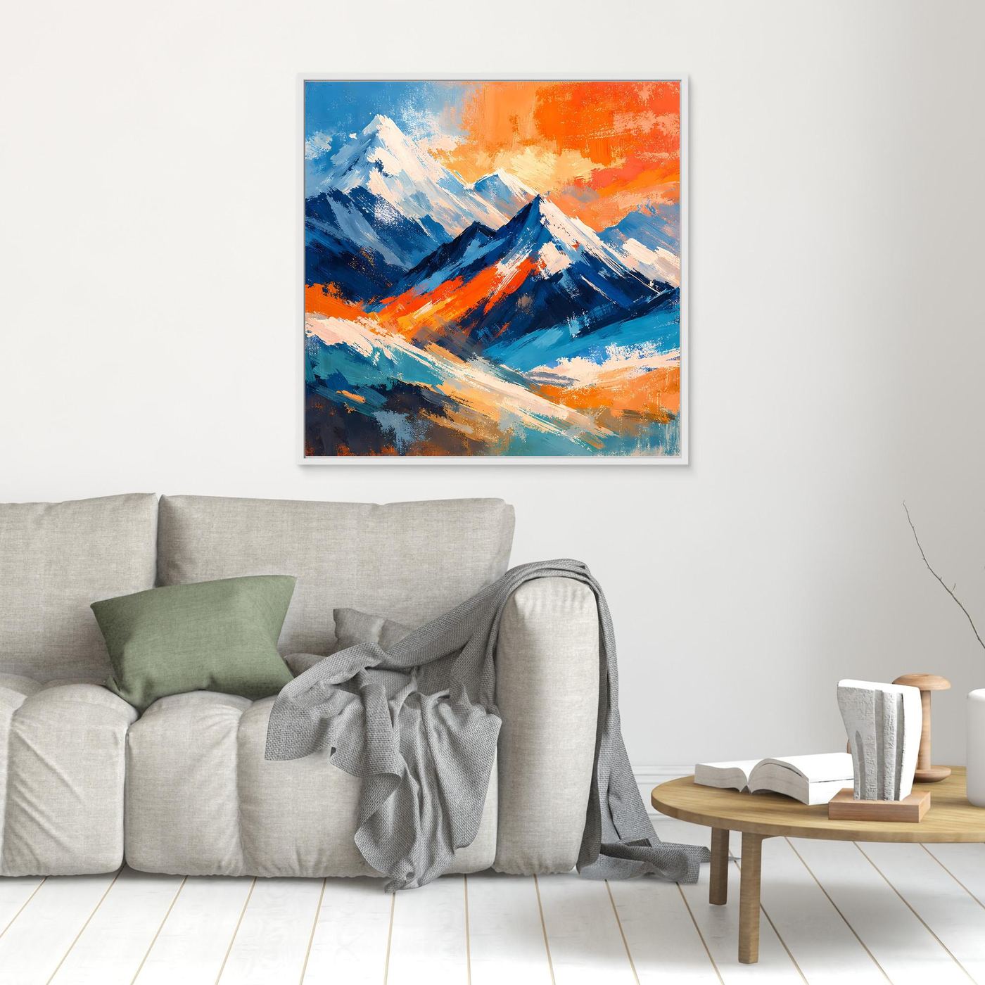 Abstraktes Leinwandbild mit bunten Bergen, Weißer Rahmen, blaues Bergmassiv