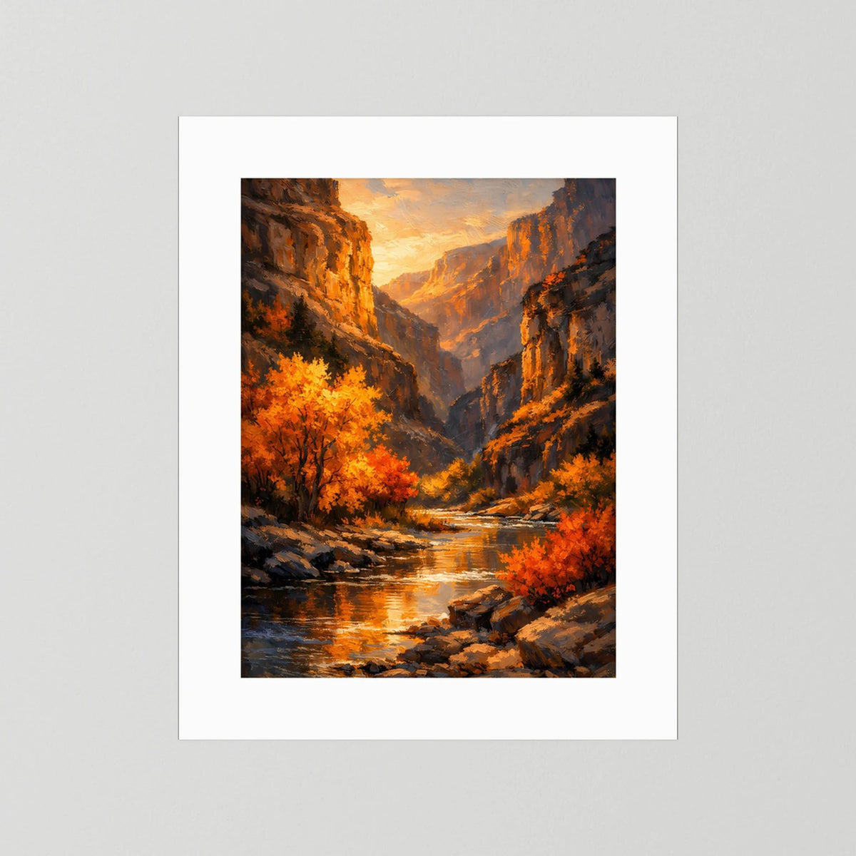 Wandbild mit weißem Passepartout: Canyon mit Herbstbäumen und Fluss im Sonnenuntergang.