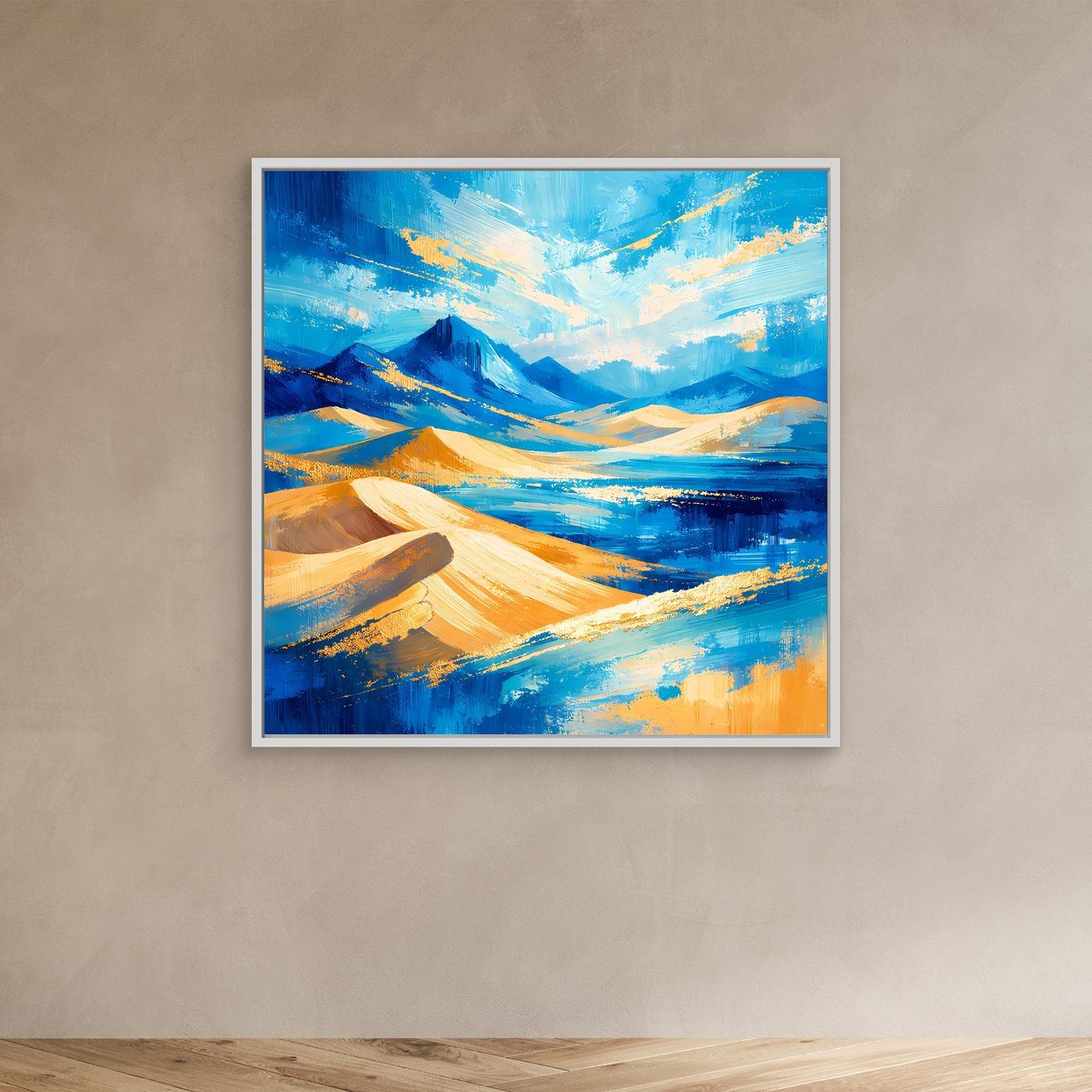 Leinwandbild abstrakte Berglandschaft mit Dünen, Blau, Gold und Gelb, weißer Rahmen