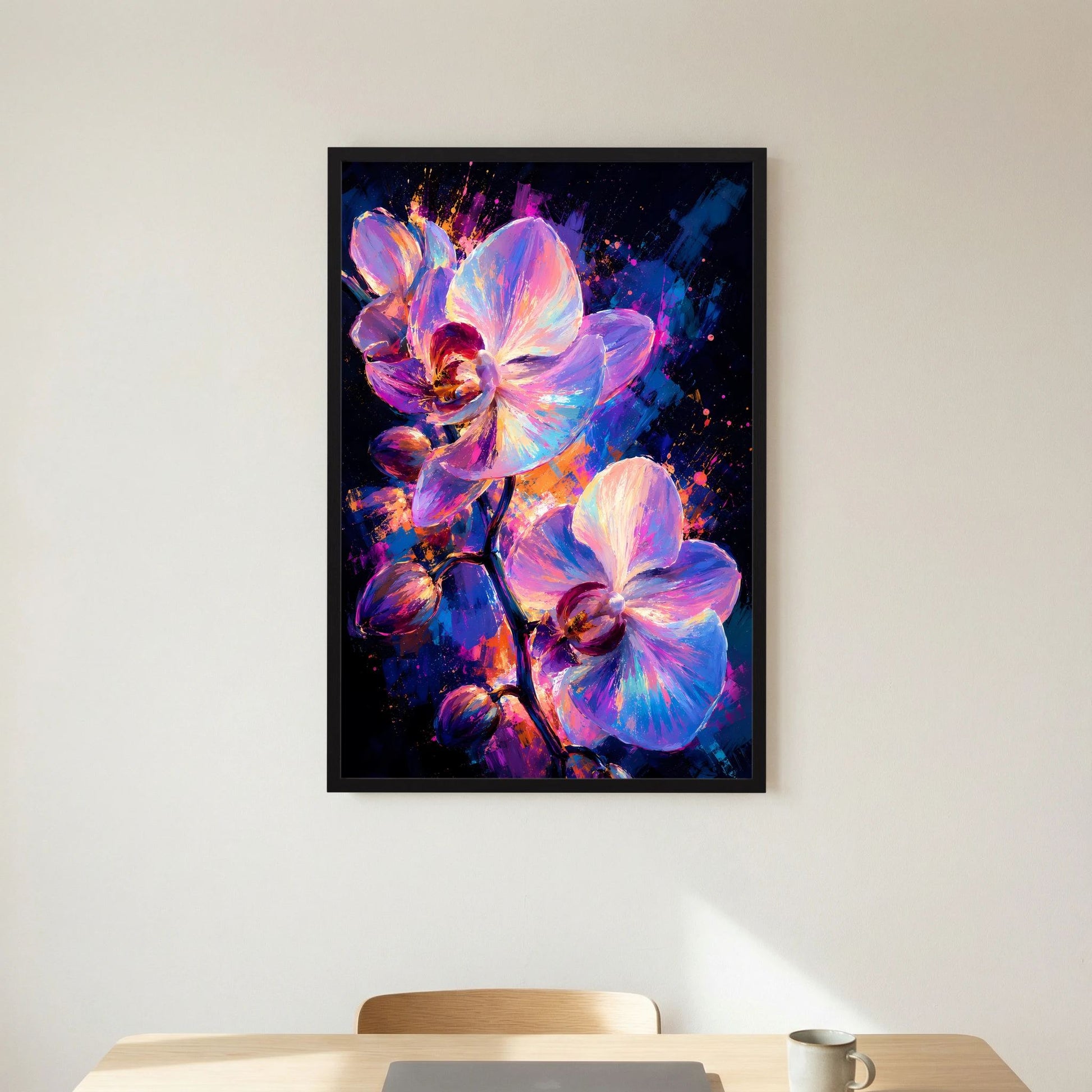 Hochformat-Poster mit leuchtenden Orchideen in Pink, Violett und Blau