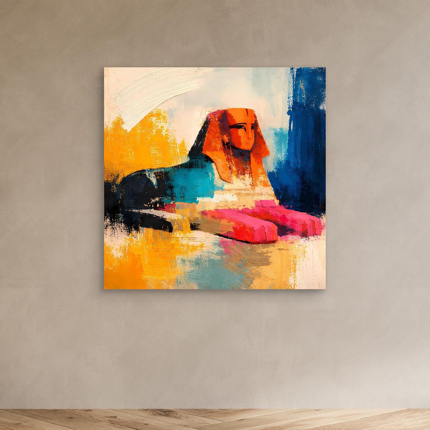 Abstract sphinx canvas wall art with orange and blue paint strokes; unframed
