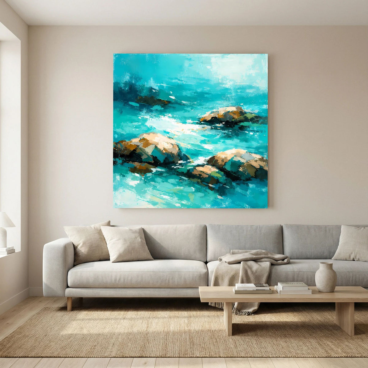 Türkisfarbenes Leinwand-Wandbild mit abstrakter Küste und Felsen, quadratisch