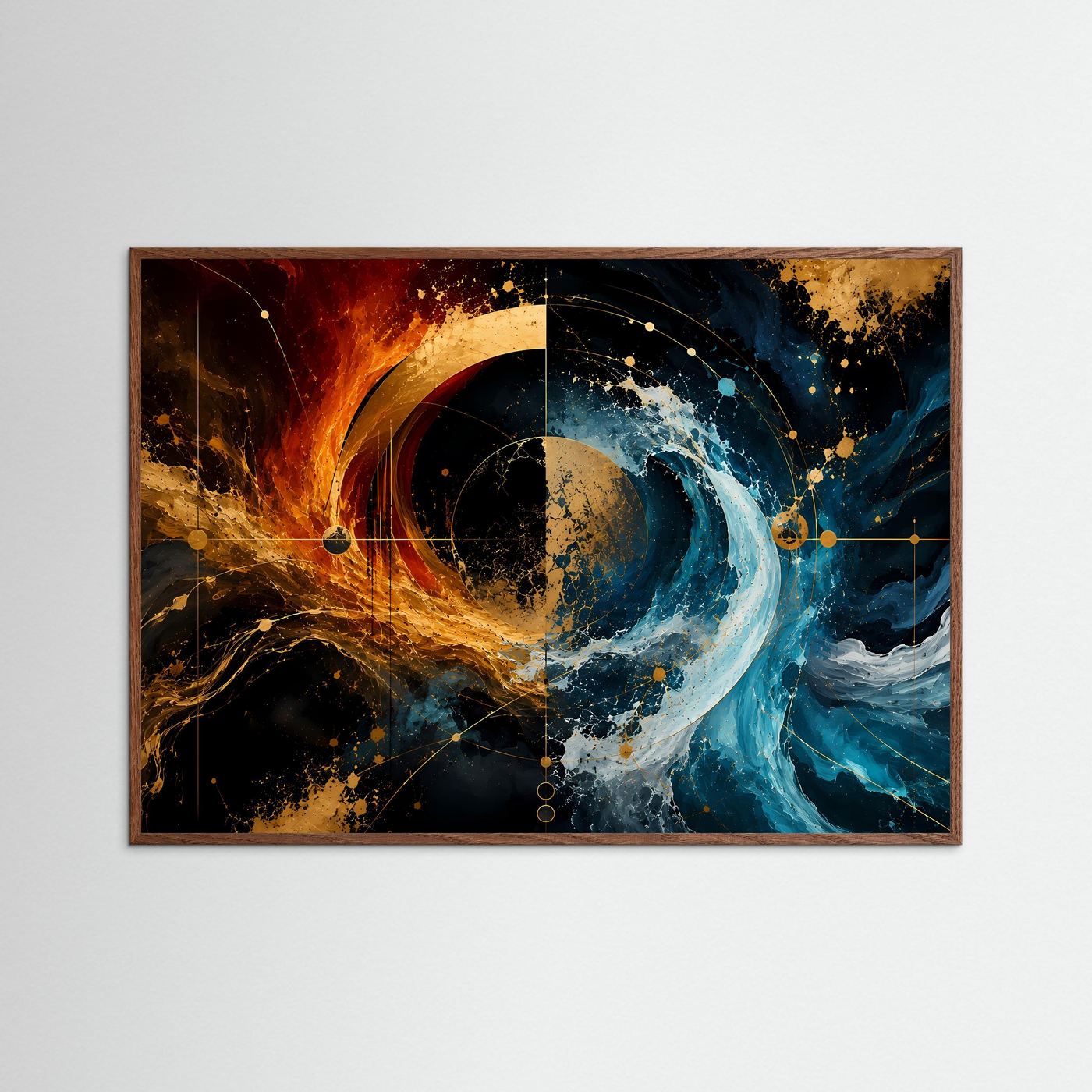 Feuer & Wasser – Abstrakte Elementekunst | Goldene Geometrie in Blau, Orange & Schwarz