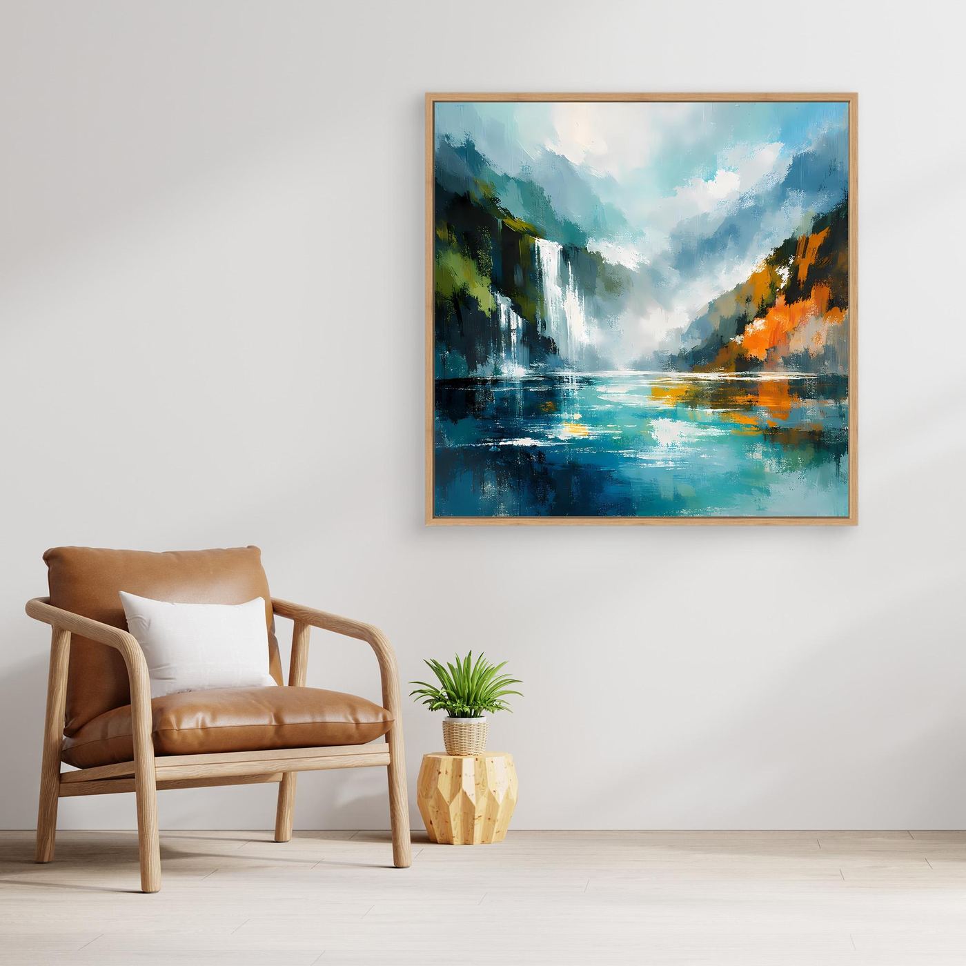 Abstraktes Leinwand-Wandbild Wasserfall im Fjord mit Holzrahmen, blau-grün und orange