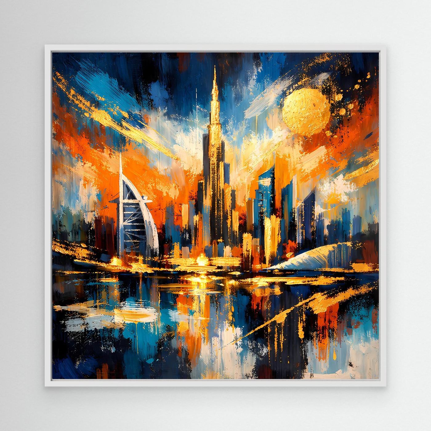 Leinwandbild mit abstrakter Dubai-Skyline, Blau-Orange und goldenem Turm, weißer Rahmen.